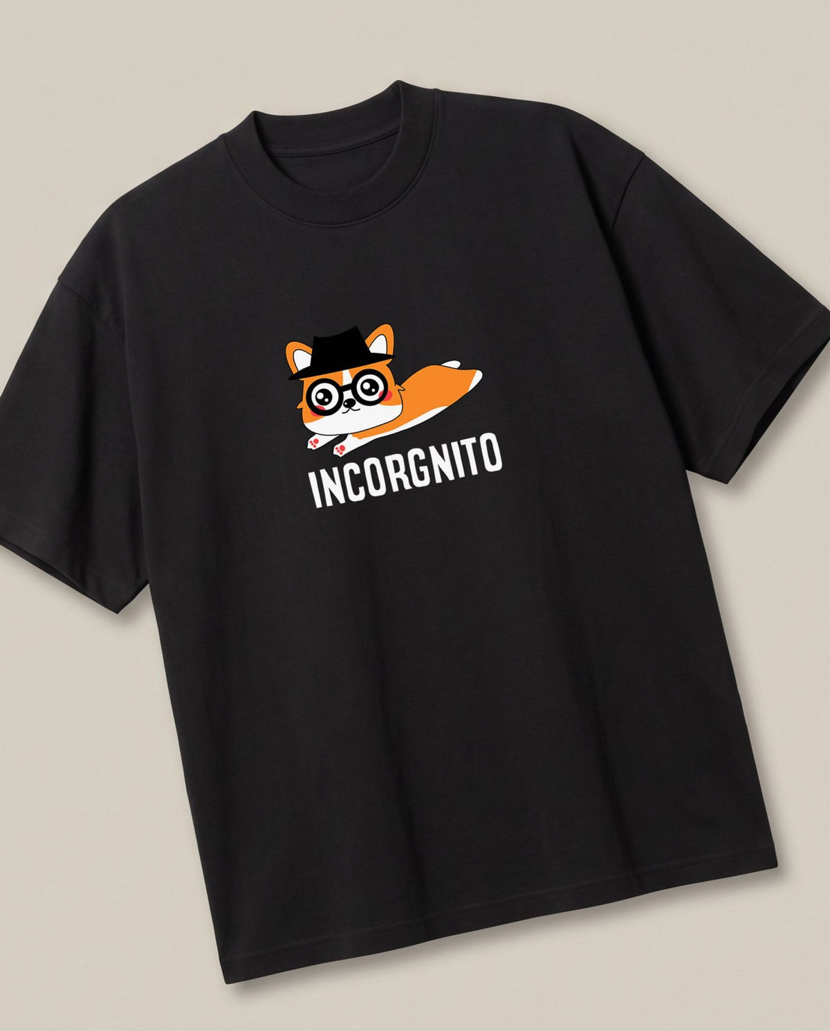 Incorgnito Black oversized t-shirt — corgi dog going incgonito pun, angled view