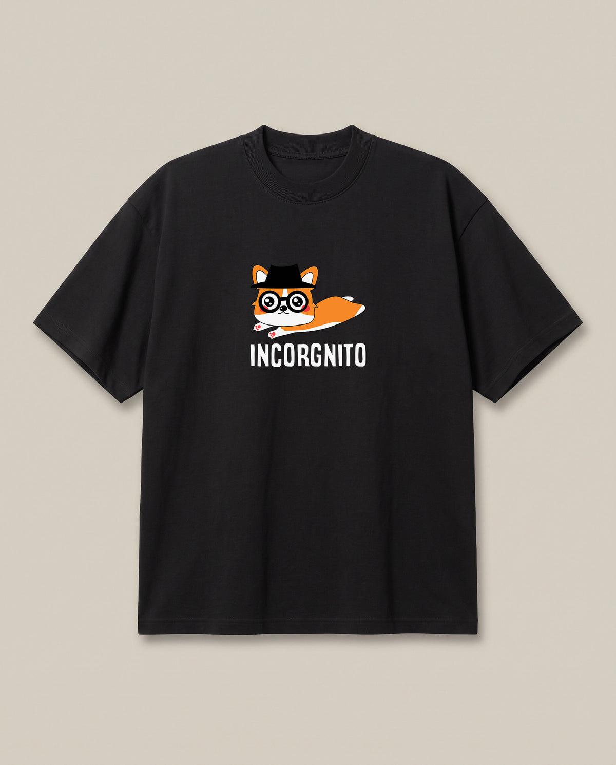 Incorgnito Black oversized t-shirt — corgi dog going incgonito pun, front print