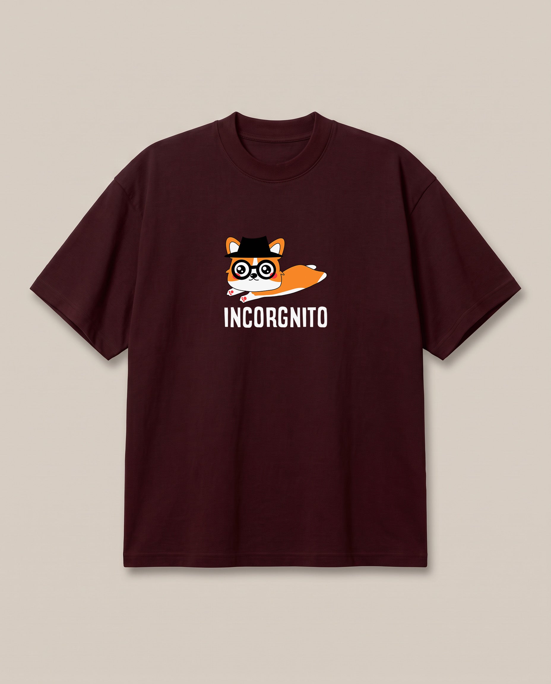 Incorgnito Maroon oversized t-shirt — corgi dog going incgonito pun, front print