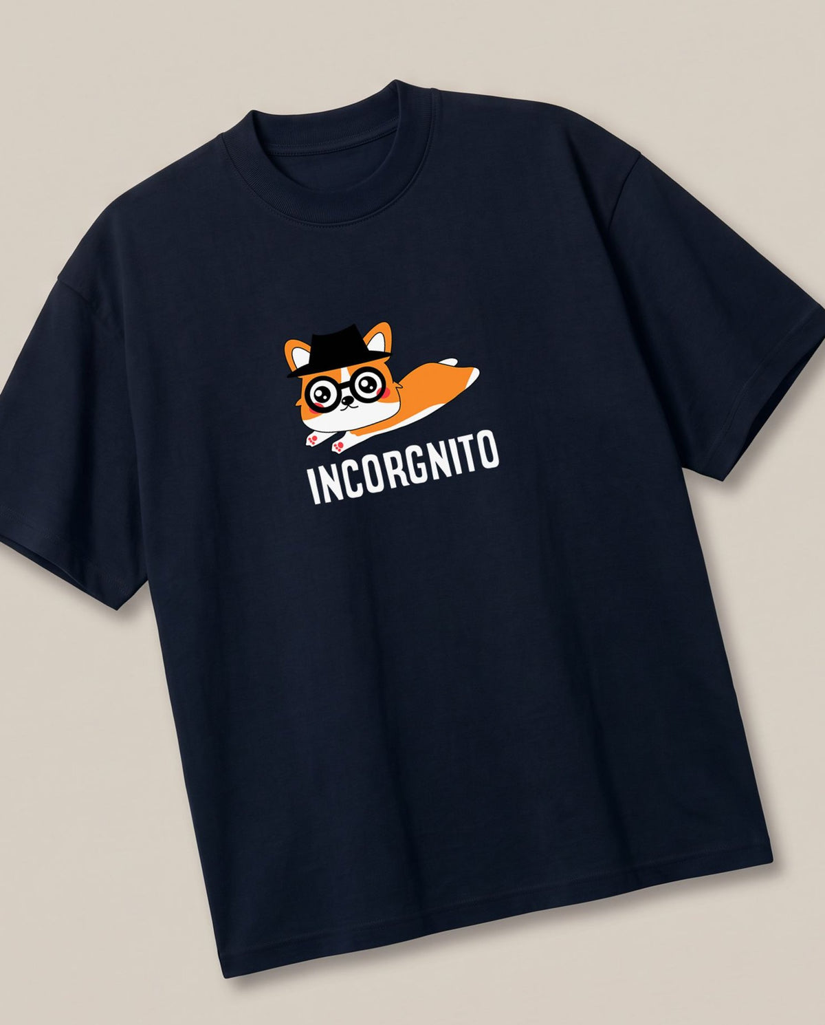 Incorgnito Navy oversized t-shirt — corgi dog going incgonito pun, angled view