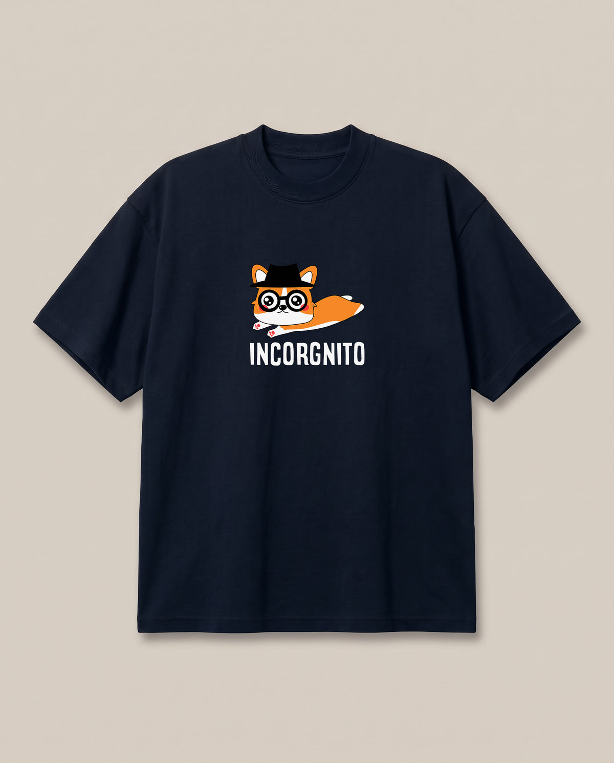Incorgnito Navy oversized t-shirt — corgi dog going incgonito pun, front print