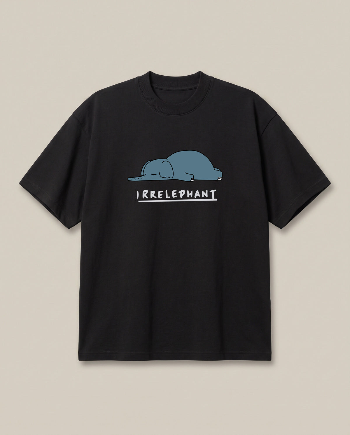 Irrelephant Black oversized t-shirt — the elephant is irrelevent oun, front print