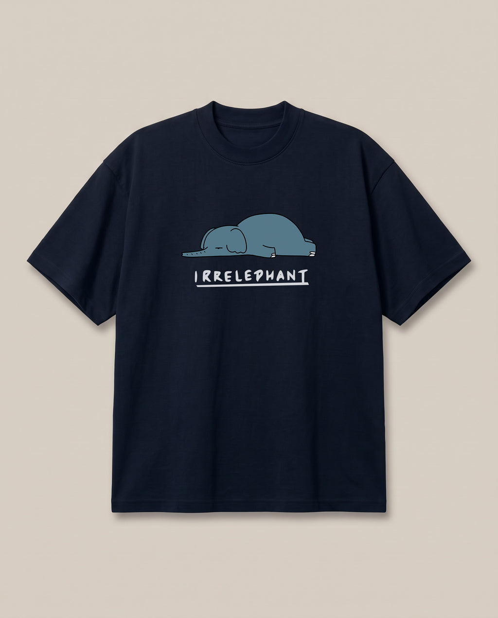 Irrelephant Navy oversized t-shirt — the elephant is irrelevent oun, front print