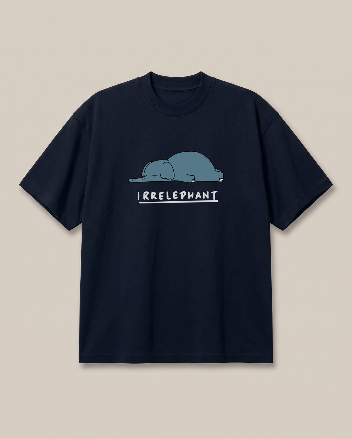 Irrelephant Navy oversized t-shirt — the elephant is irrelevent oun, front print