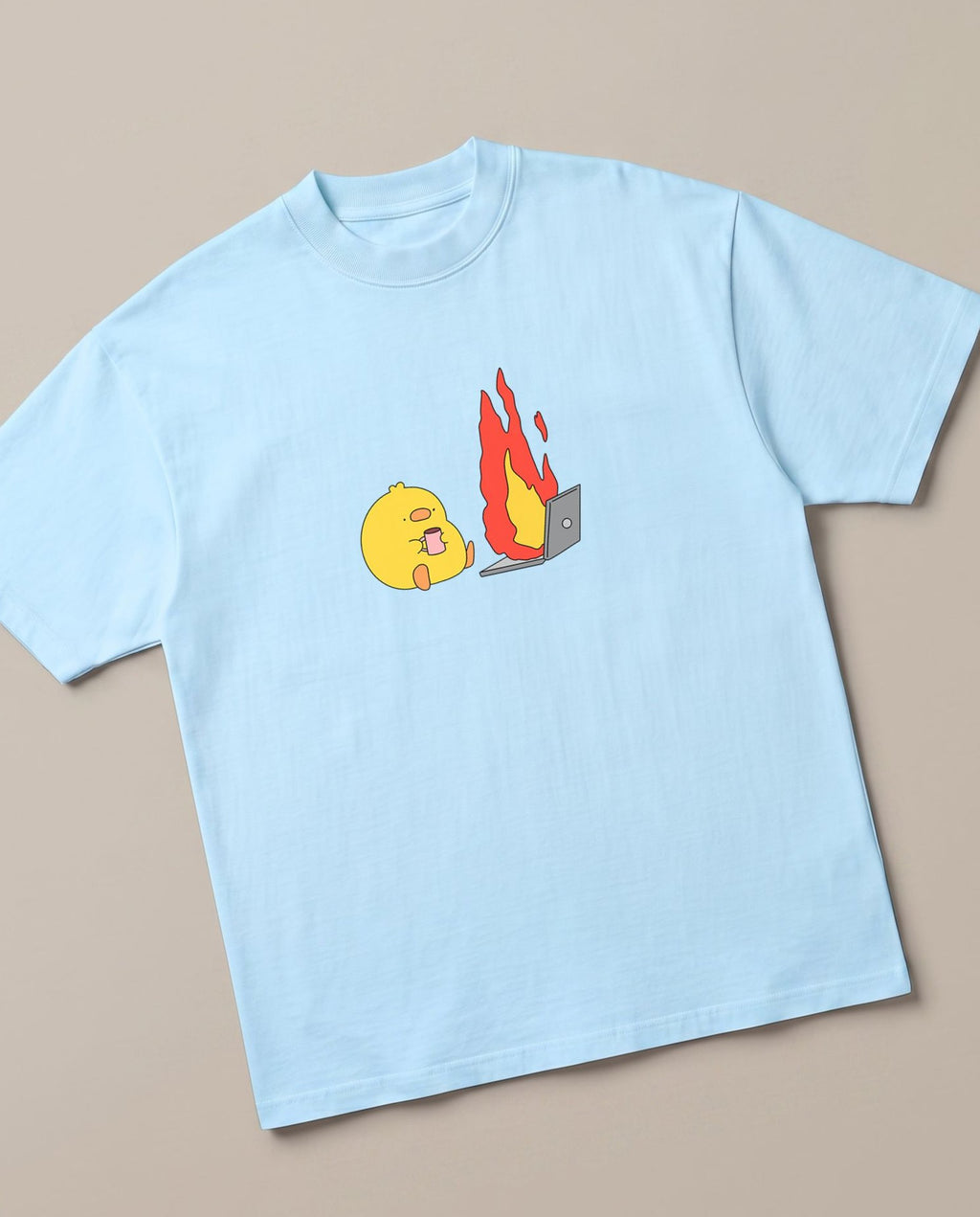 Just A Normal Monday Baby Blue oversized t-shirt — "office meme , duck in front of a burning computer on a monday", angled view