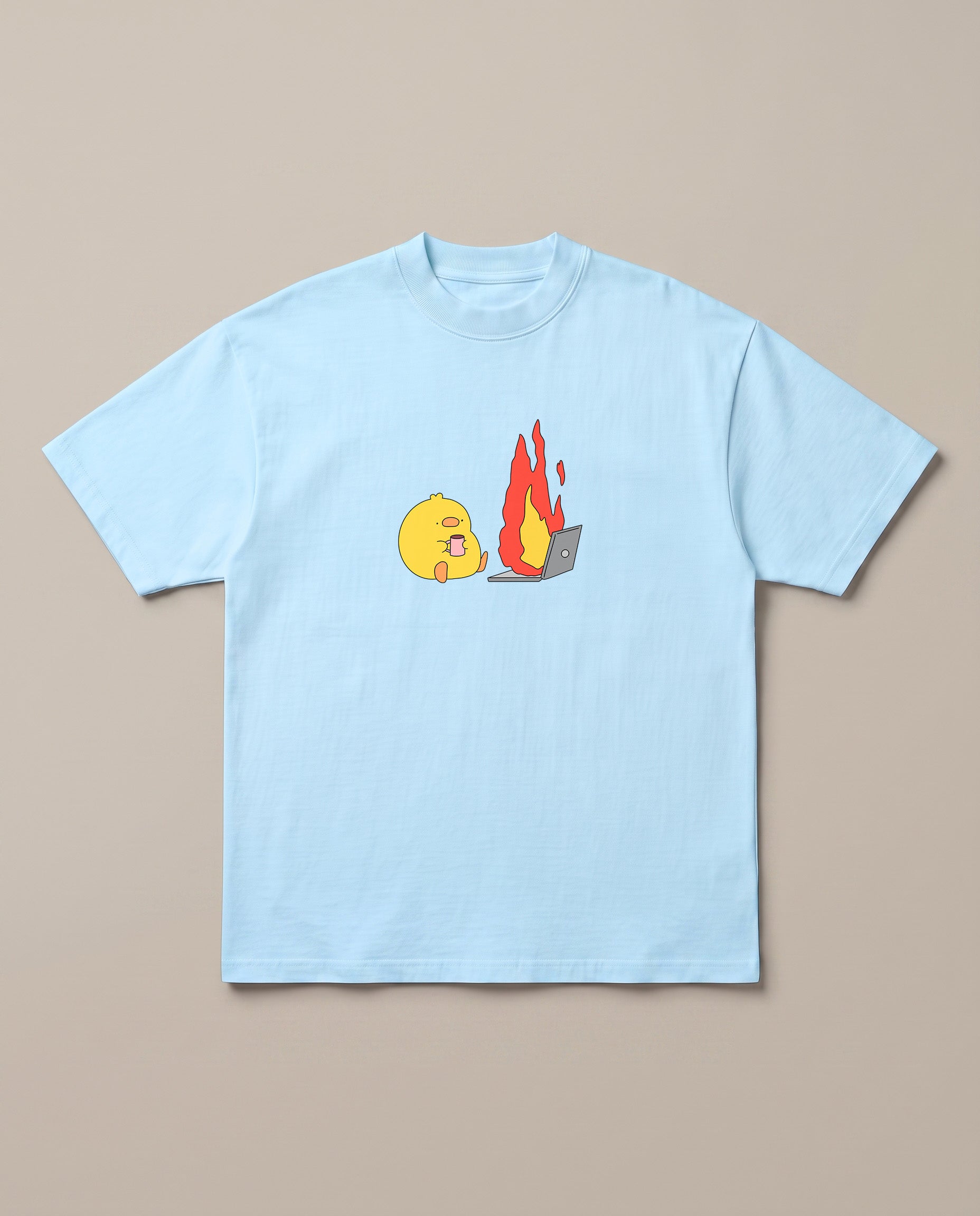 Just A Normal Monday Baby Blue oversized t-shirt — "office meme , duck in front of a burning computer on a monday", front print