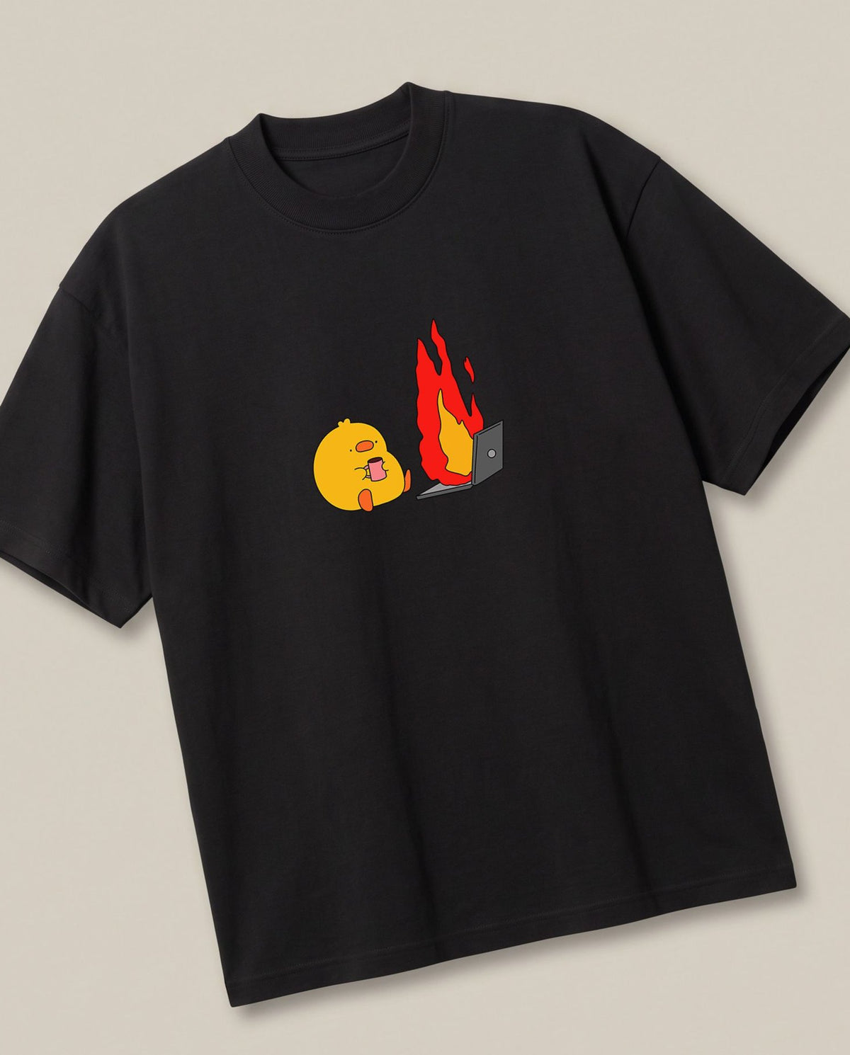 Just A Normal Monday Black oversized t-shirt — "office meme , duck in front of a burning computer on a monday", angled view
