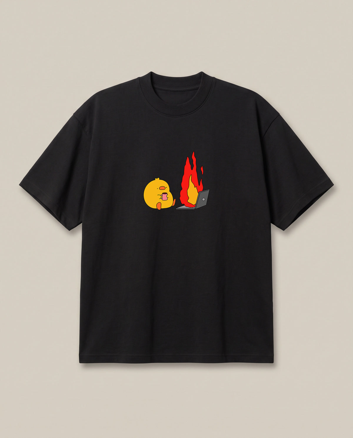 Just A Normal Monday Black oversized t-shirt — "office meme , duck in front of a burning computer on a monday", front print