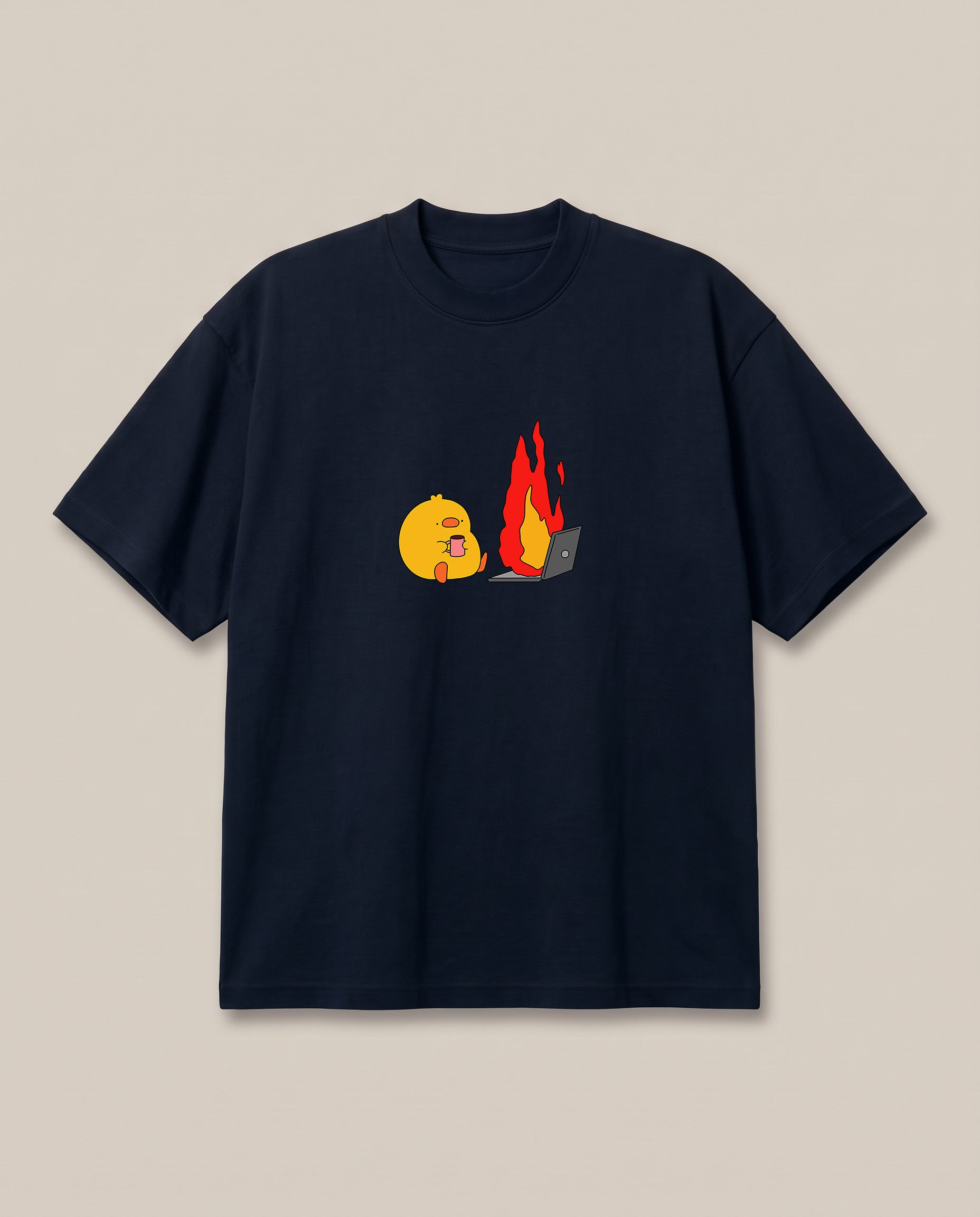 Just A Normal Monday Navy oversized t-shirt — "office meme , duck in front of a burning computer on a monday", front print
