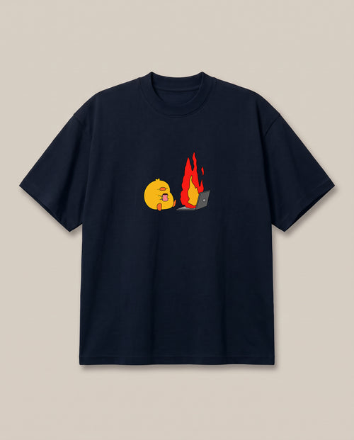Just A Normal Monday Navy oversized t-shirt — "office meme , duck in front of a burning computer on a monday", front print