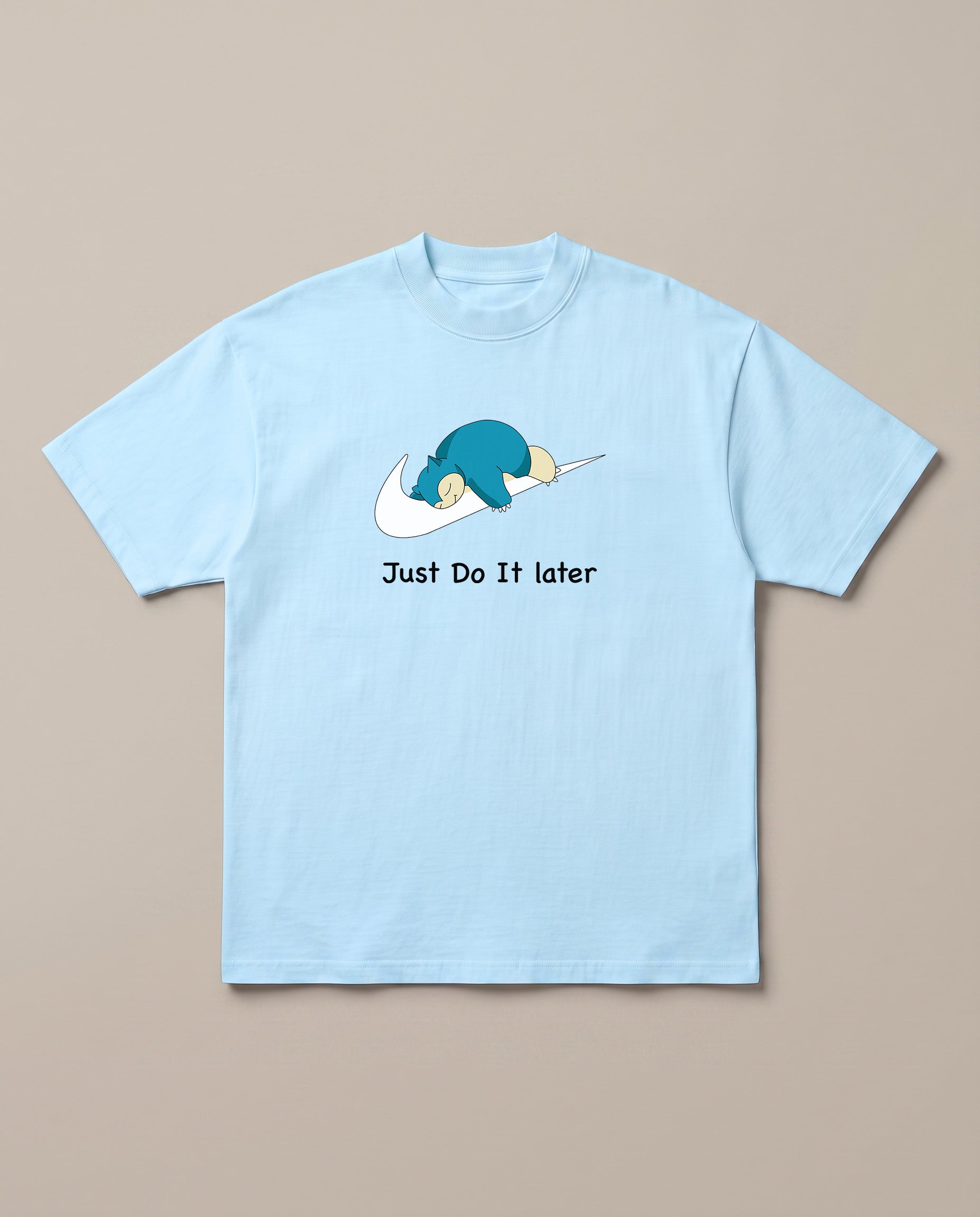 Just Do it Later Baby Blue oversized t-shirt — lazy snorlax on a nike swosh, front print