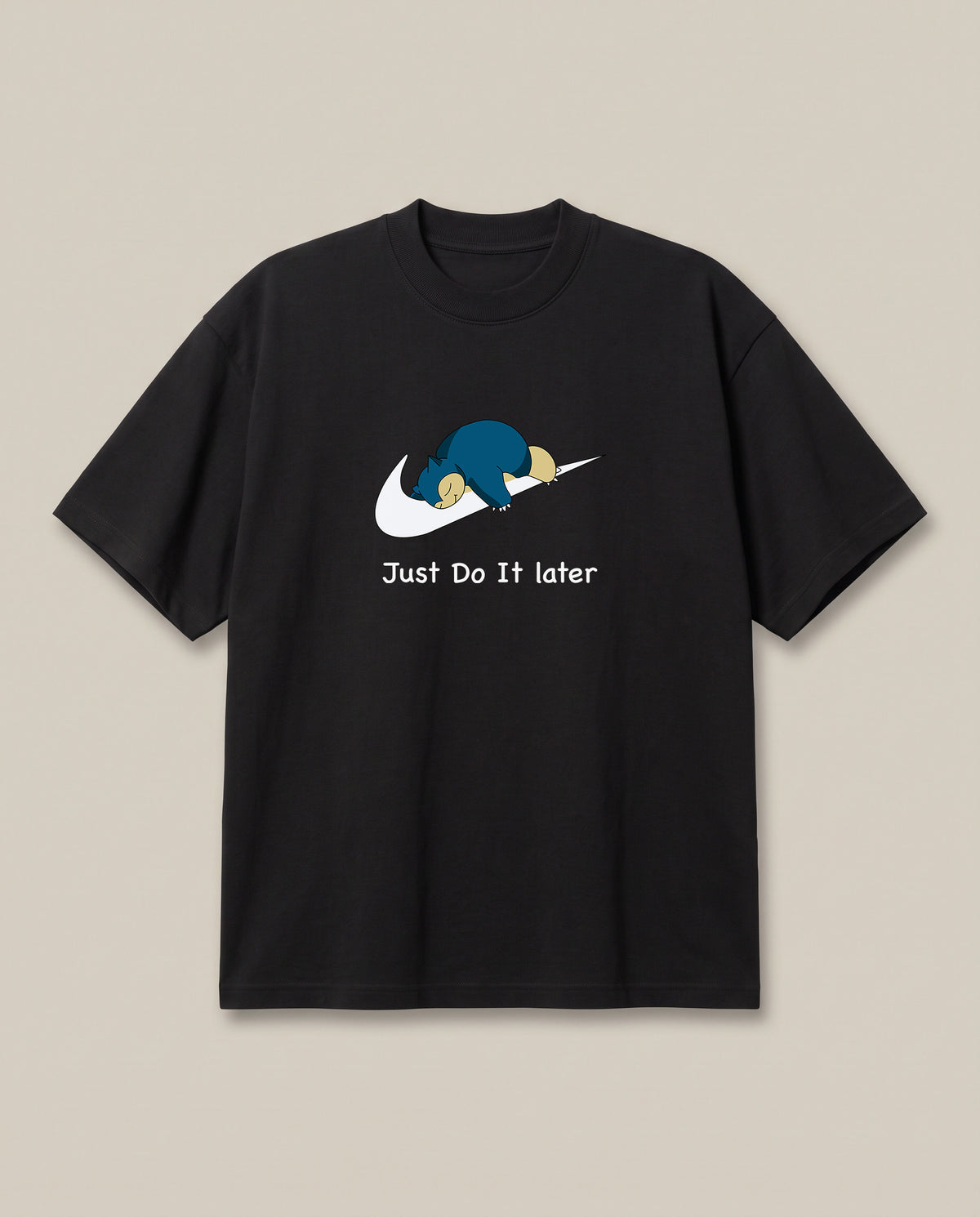 Just Do it Later Black oversized t-shirt — lazy snorlax on a nike swosh, front print