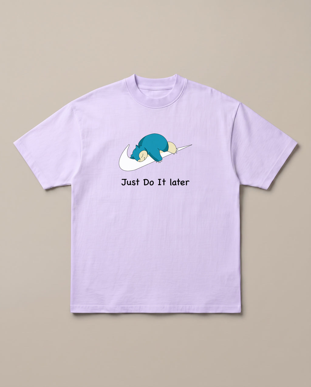 Just Do it Later Lavender oversized t-shirt — lazy snorlax on a nike swosh, front print