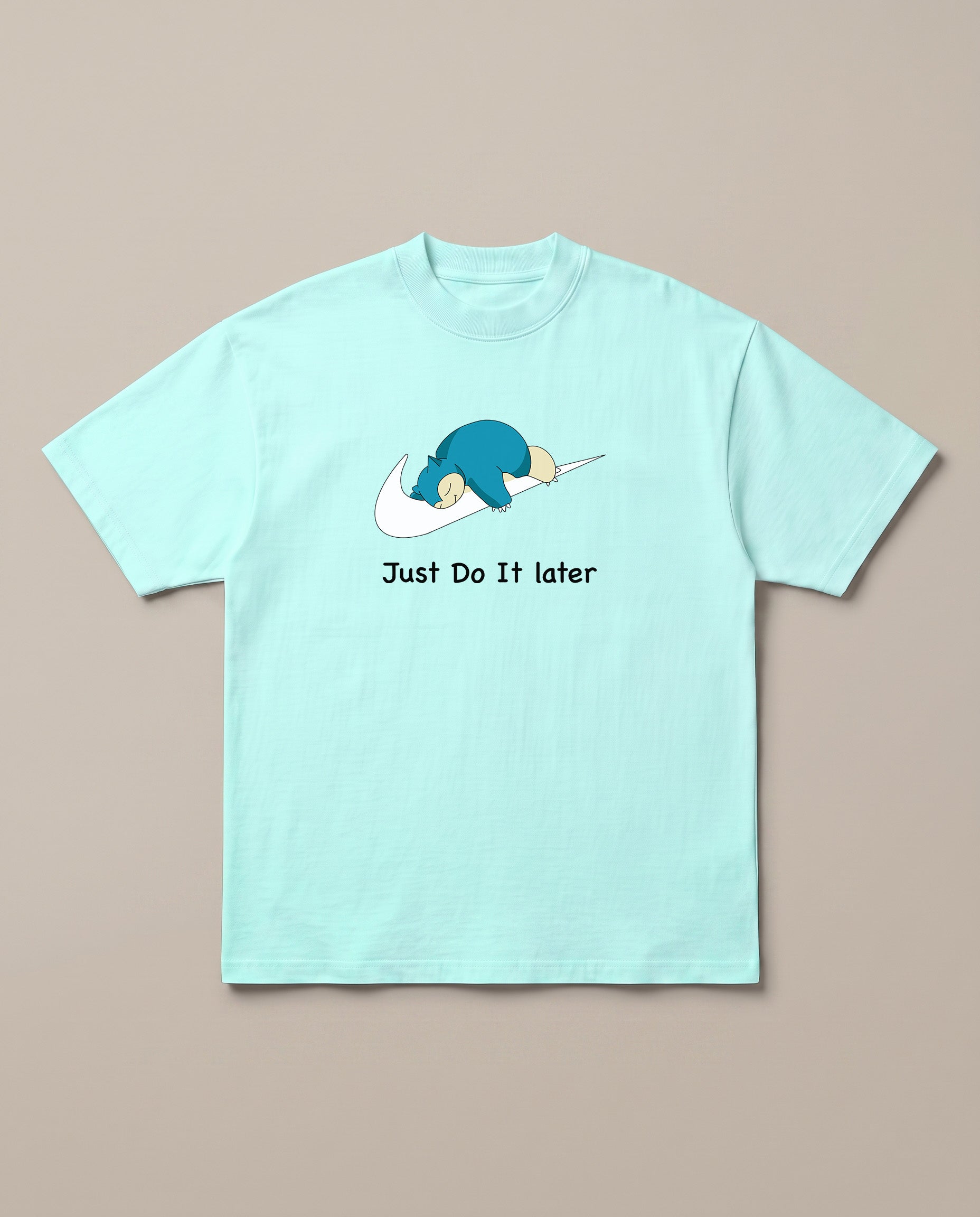 Just Do it Later Mint oversized t-shirt — lazy snorlax on a nike swosh, front print