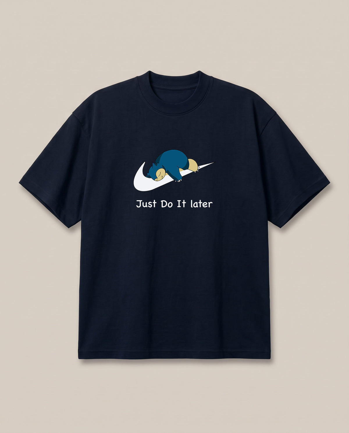 Just Do it Later Navy oversized t-shirt — lazy snorlax on a nike swosh, front print