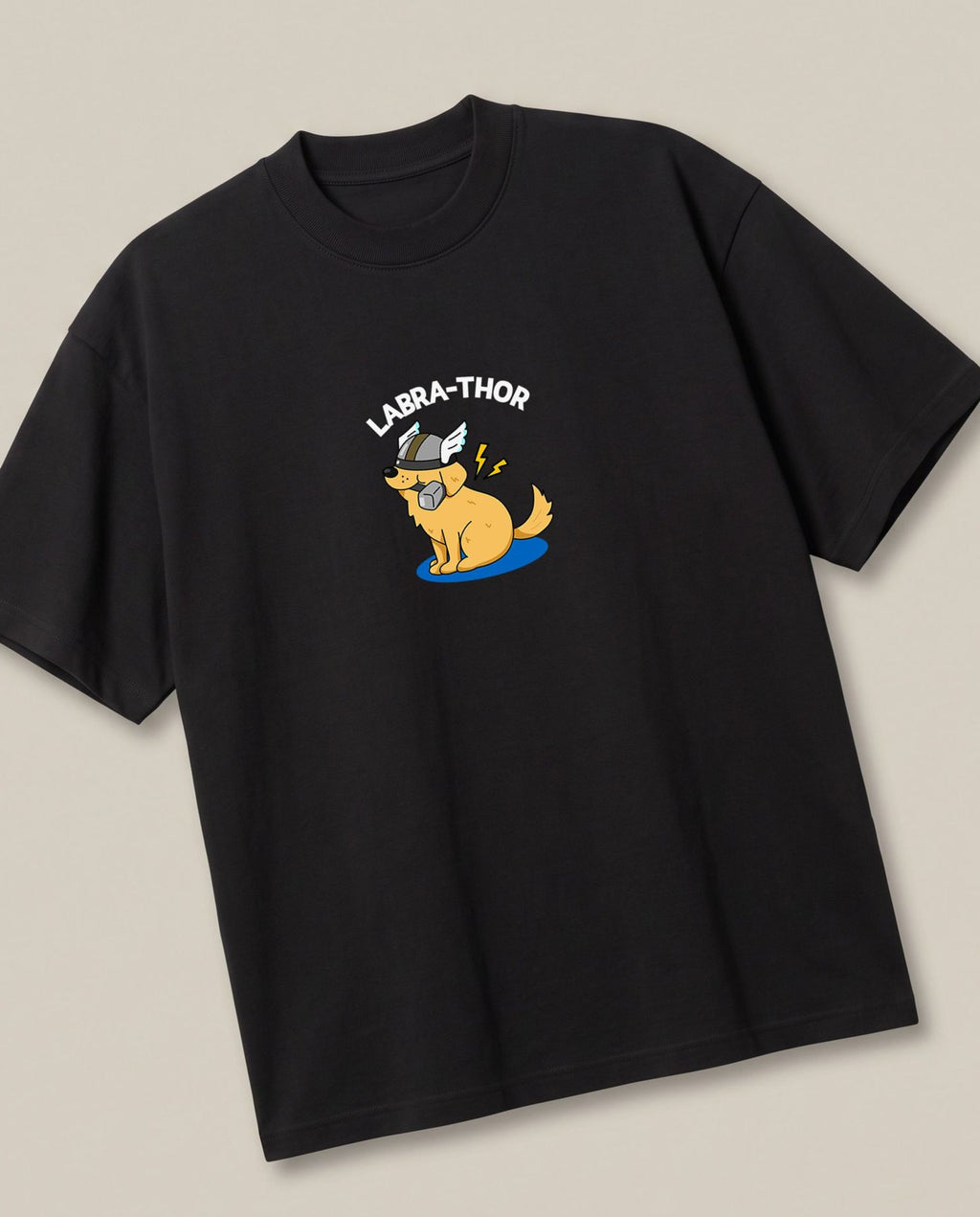 Labrathor Black oversized t-shirt — what if thor was a labrador, angled view