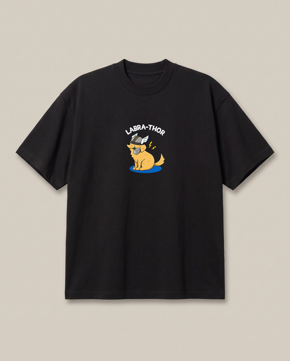 Labrathor Black oversized t-shirt — what if thor was a labrador, front print