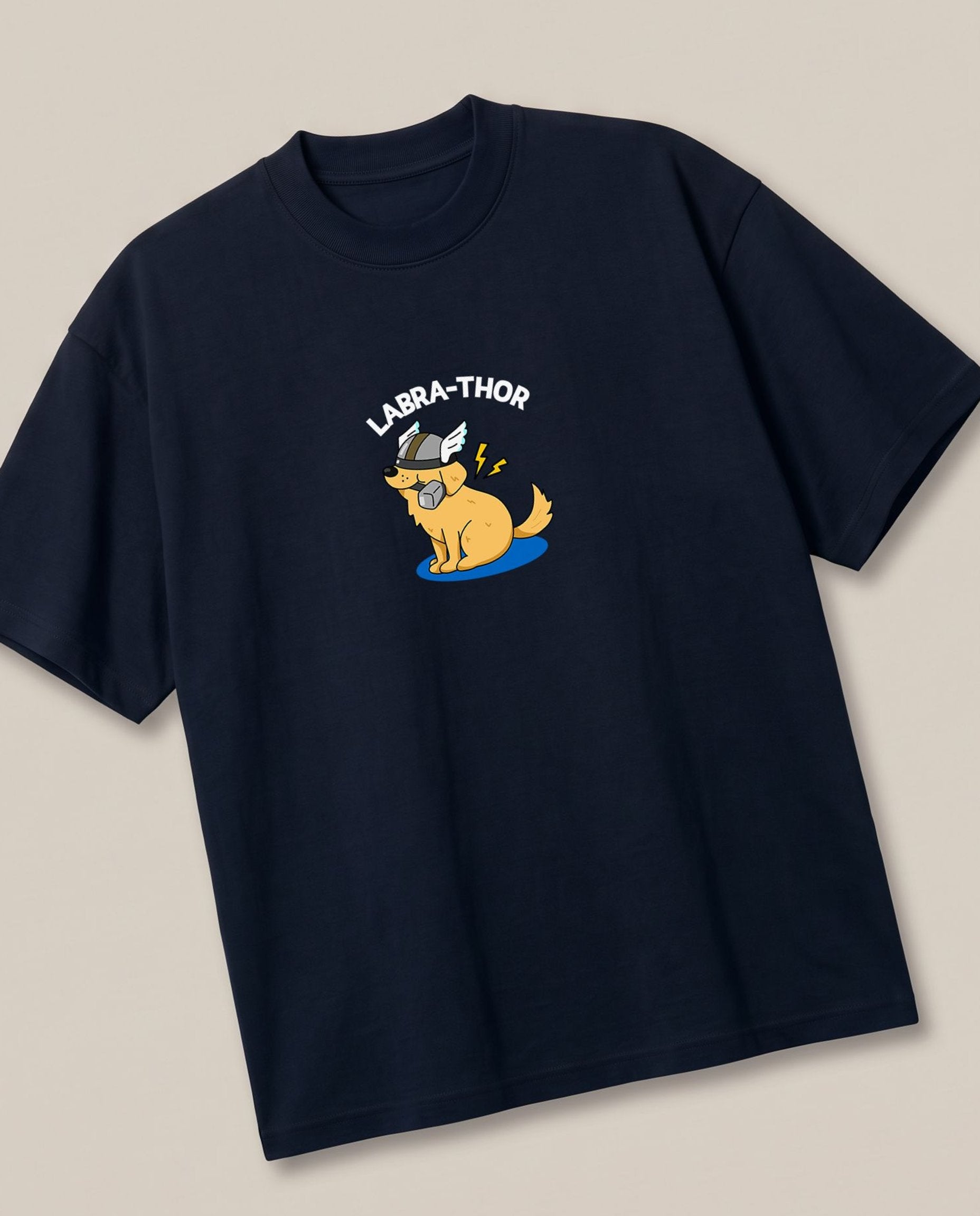 Labrathor Navy oversized t-shirt — what if thor was a labrador, angled view