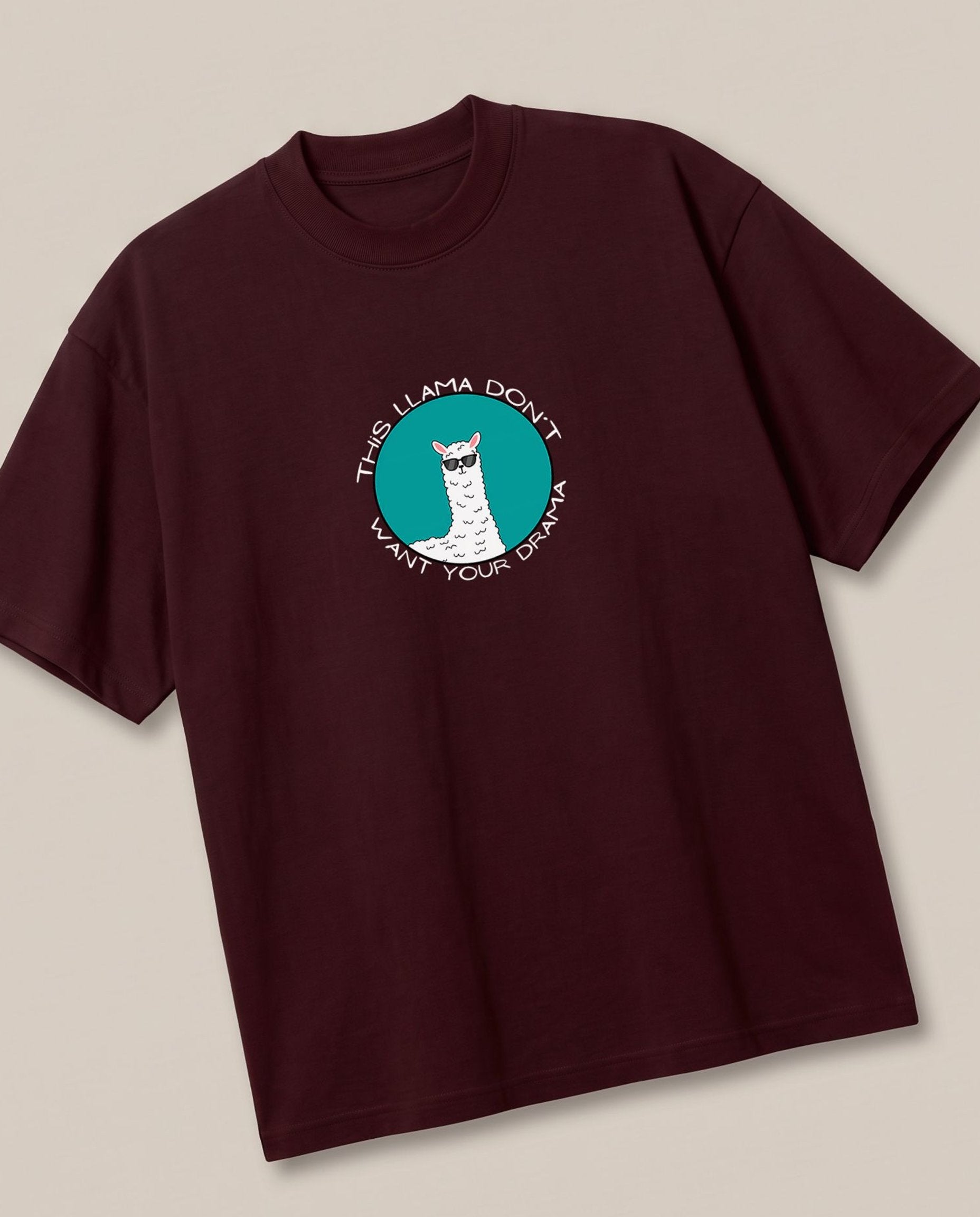 Llama Maroon oversized t-shirt — funny llama joke pun, angled view