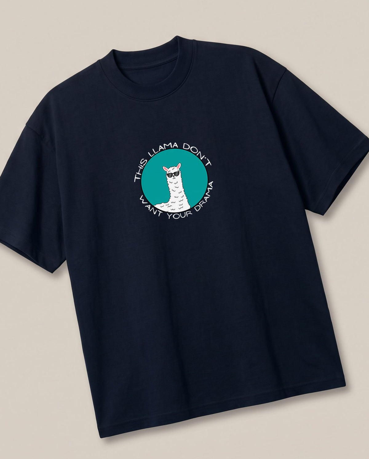 Llama Navy oversized t-shirt — funny llama joke pun, angled view