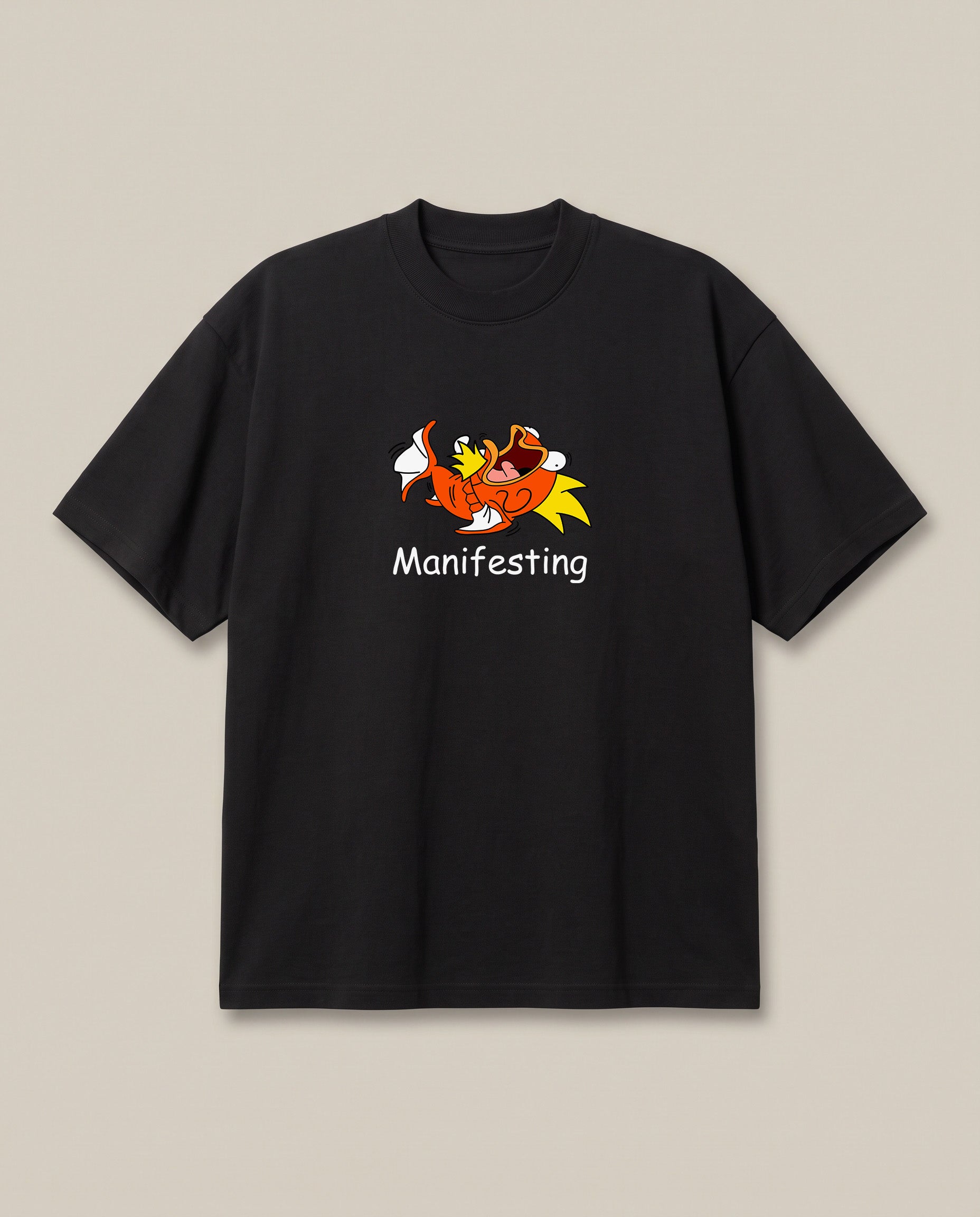 Manifesting Black oversized t-shirt — magikarp manifesting to become a Gyarados, front print