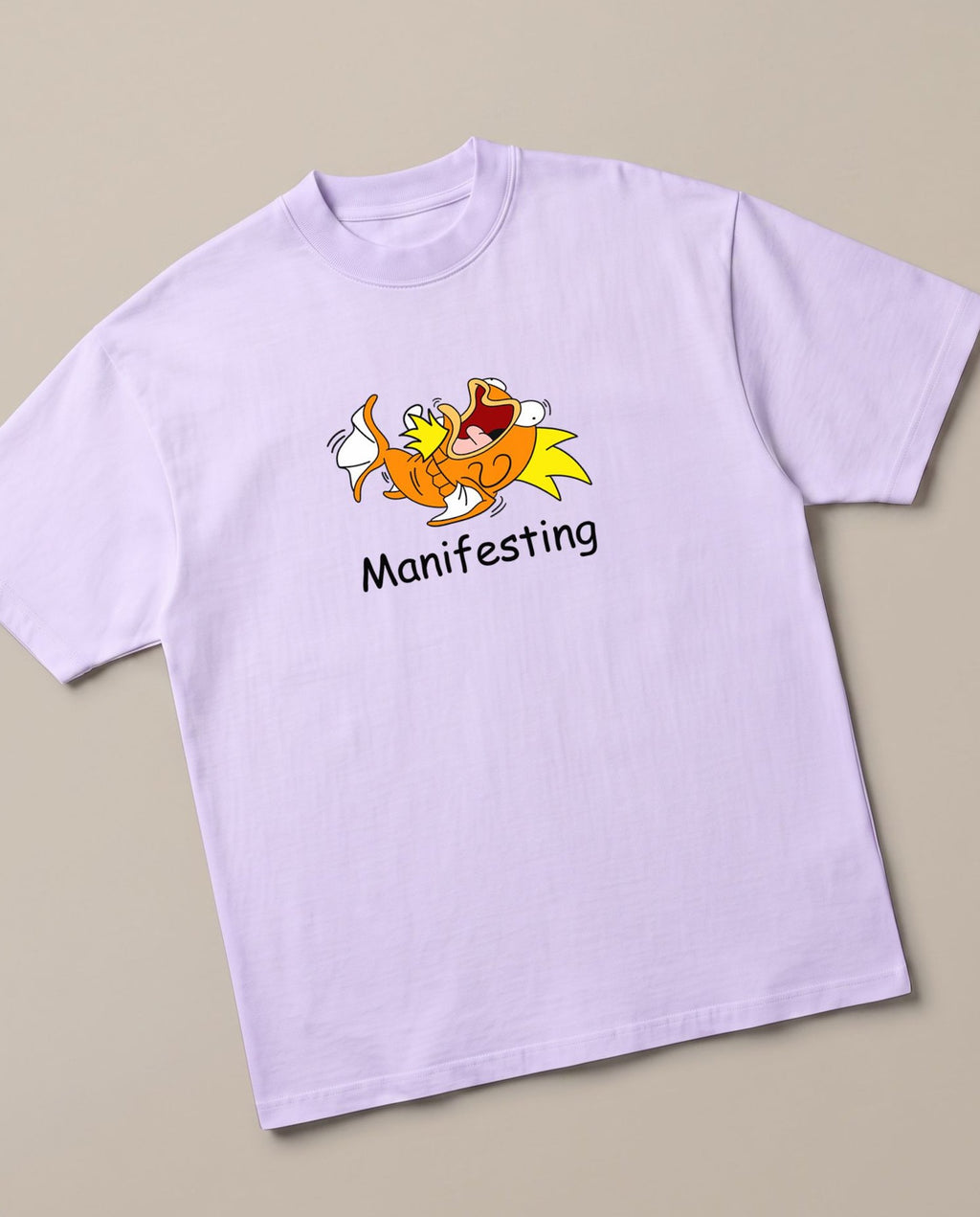 Manifesting Lavender oversized t-shirt — magikarp manifesting to become a Gyarados, angled view