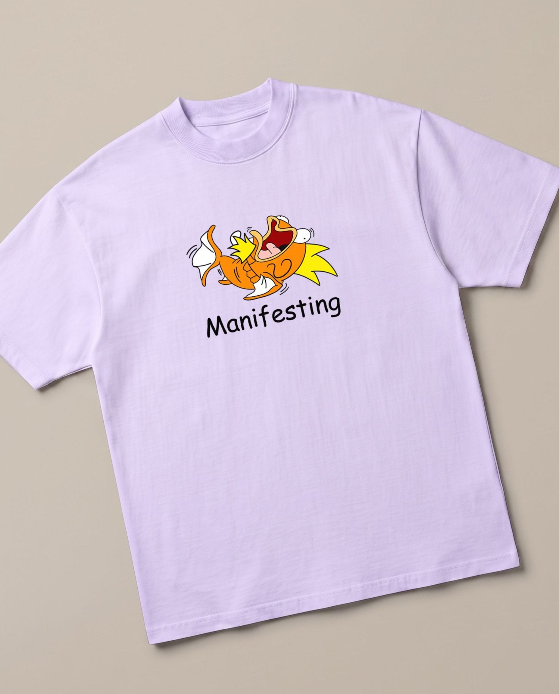 Manifesting Lavender oversized t-shirt — magikarp manifesting to become a Gyarados, angled view