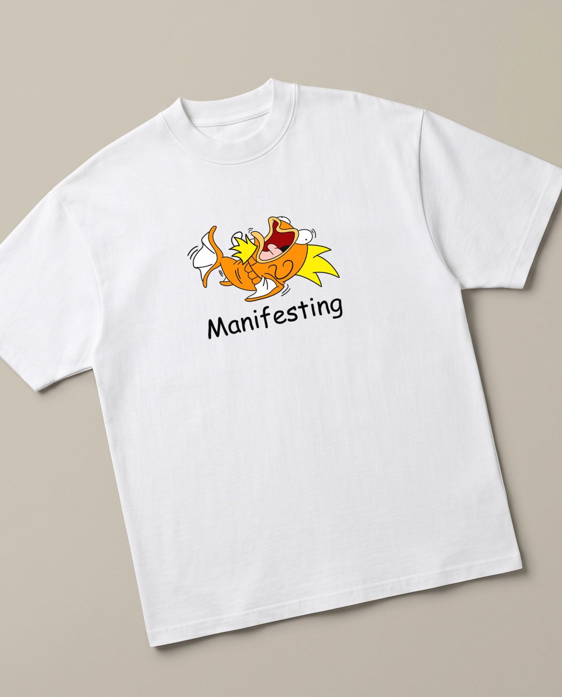 Manifesting White oversized t-shirt — magikarp manifesting to become a Gyarados, angled view
