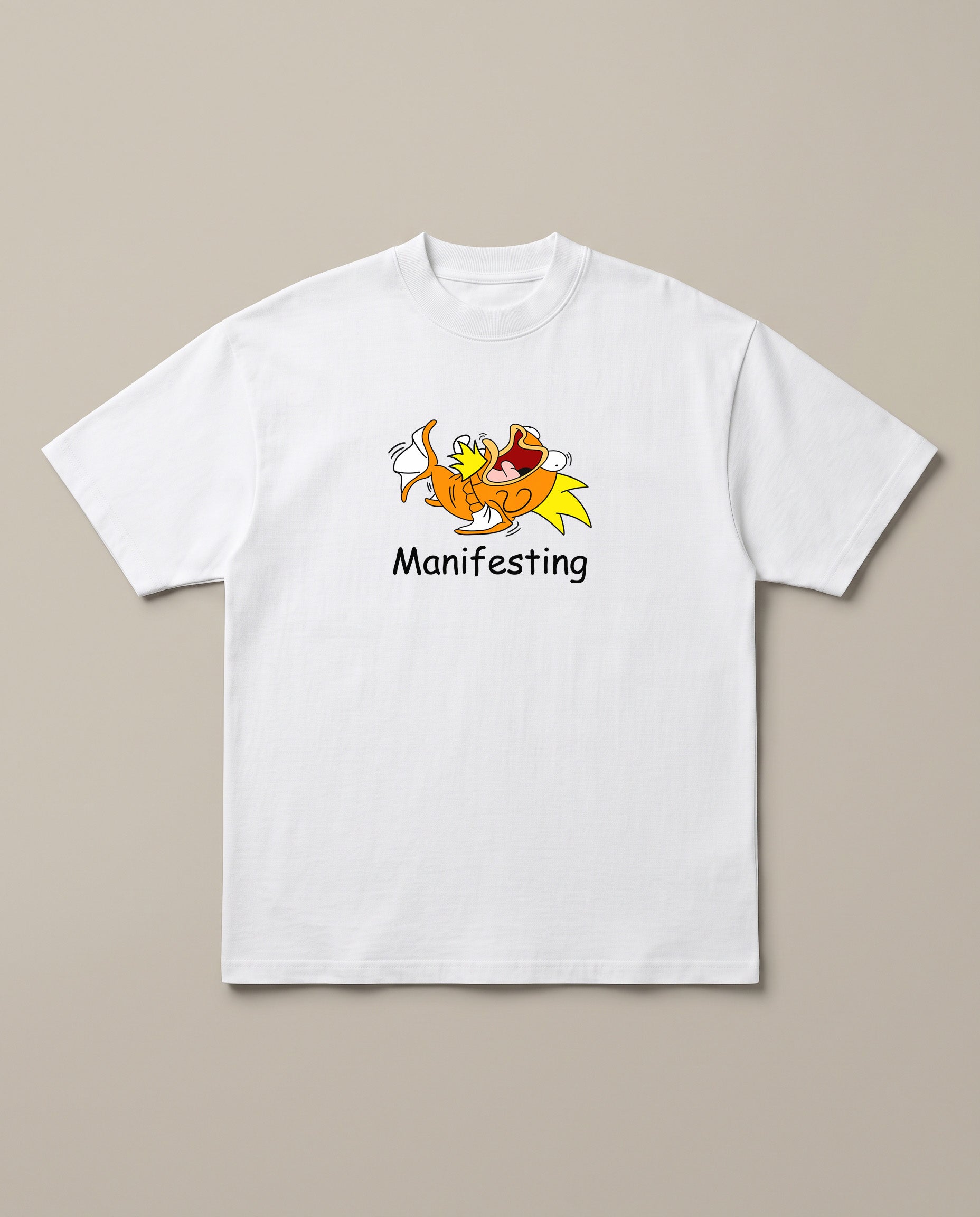 Manifesting White oversized t-shirt — magikarp manifesting to become a Gyarados, front print
