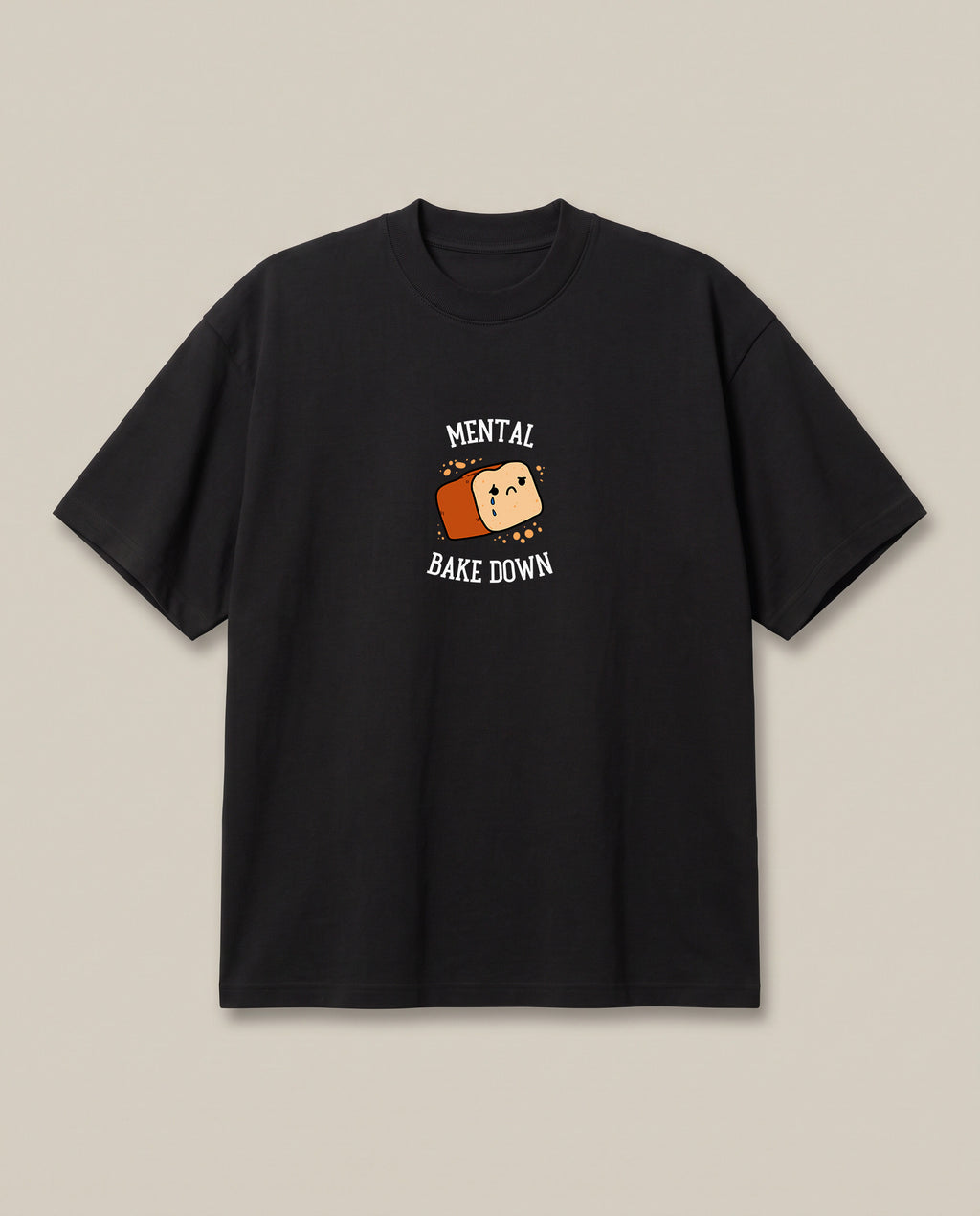Mental Bakedown Black oversized t-shirt — a loaf of bread having a breakdown, front print