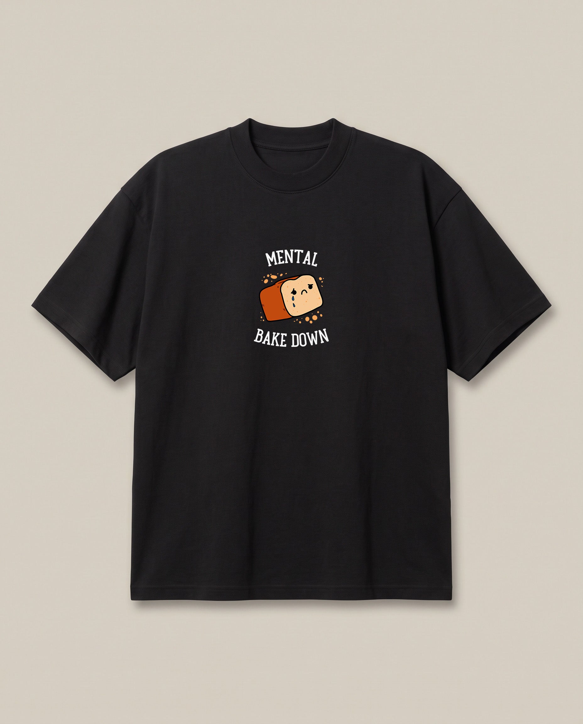 Mental Bakedown Black oversized t-shirt — a loaf of bread having a breakdown, front print