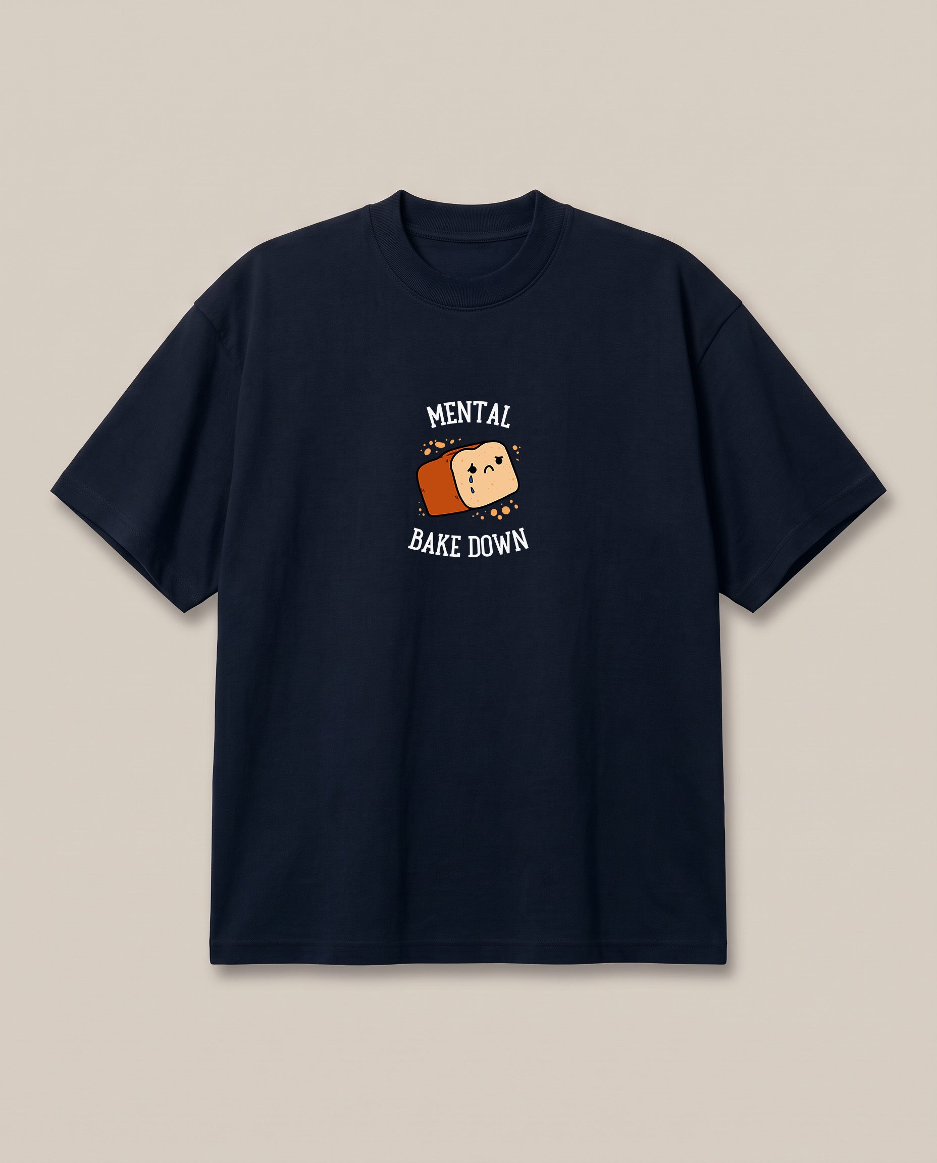 Mental Bakedown Navy oversized t-shirt — a loaf of bread having a breakdown, front print