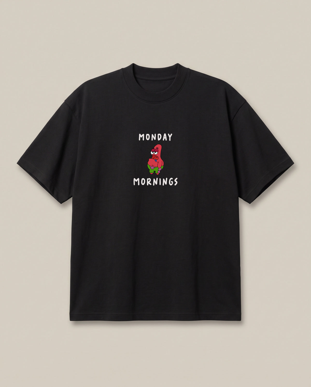 Monday Mornings Black oversized t-shirt — patrcik from spongebob hates to wake up on monday, front print
