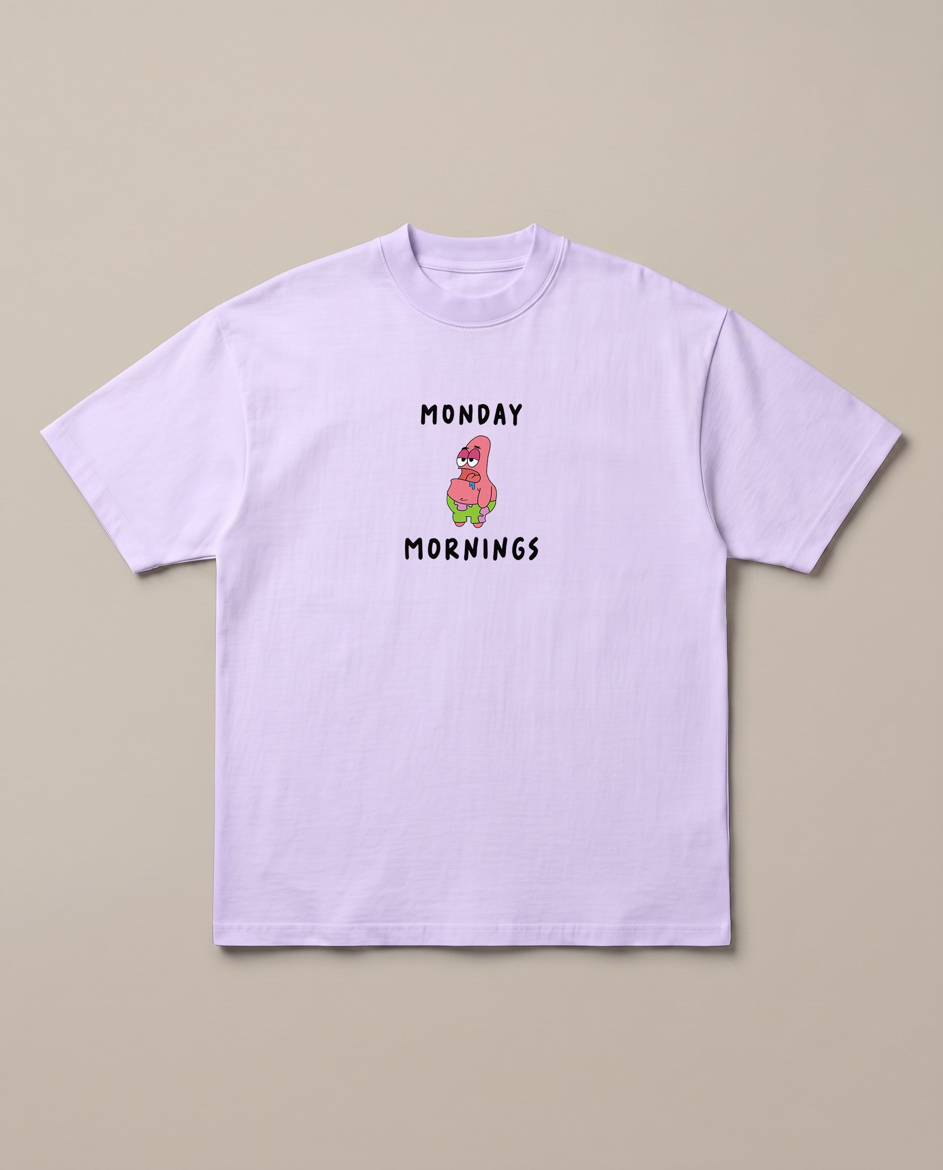 Monday Mornings Lavender oversized t-shirt — patrcik from spongebob hates to wake up on monday, front print