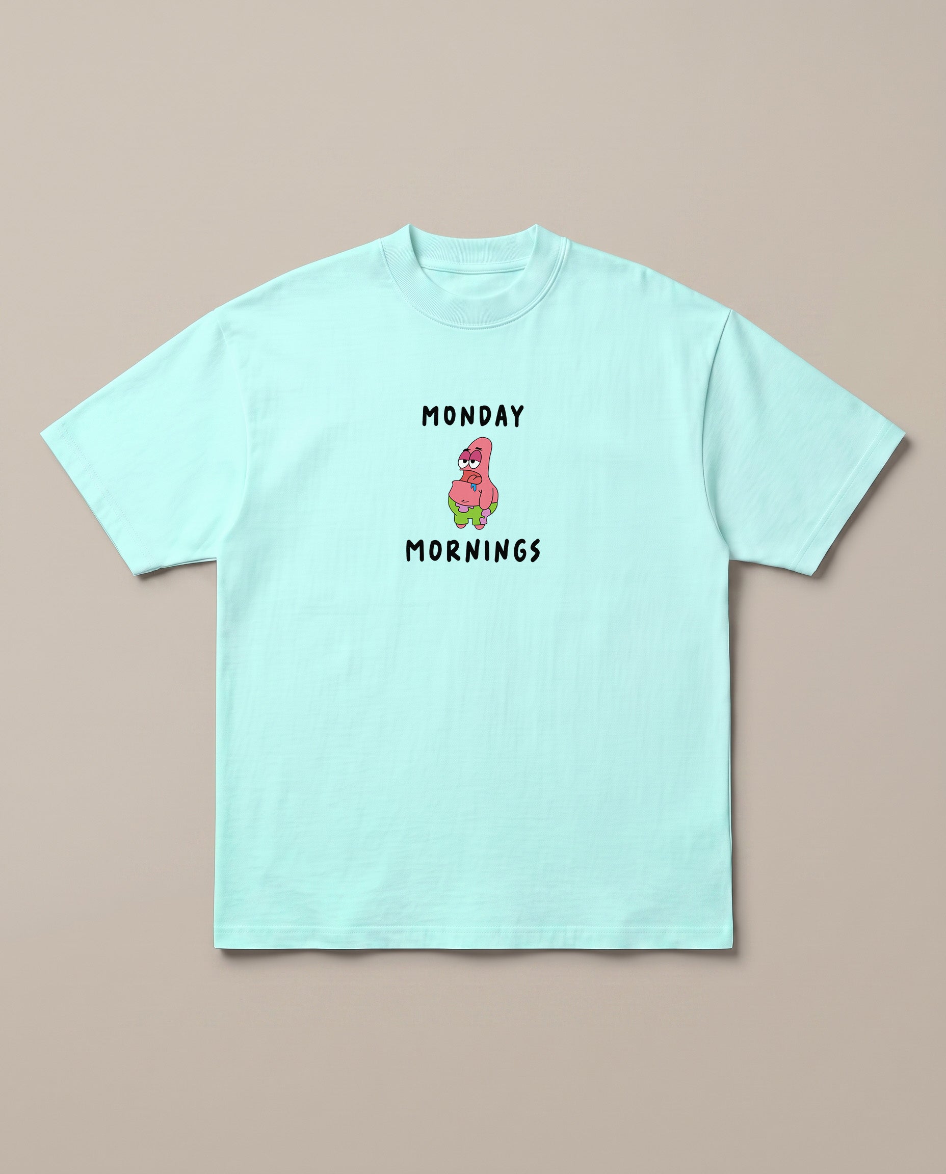 Monday Mornings Mint oversized t-shirt — patrcik from spongebob hates to wake up on monday, front print