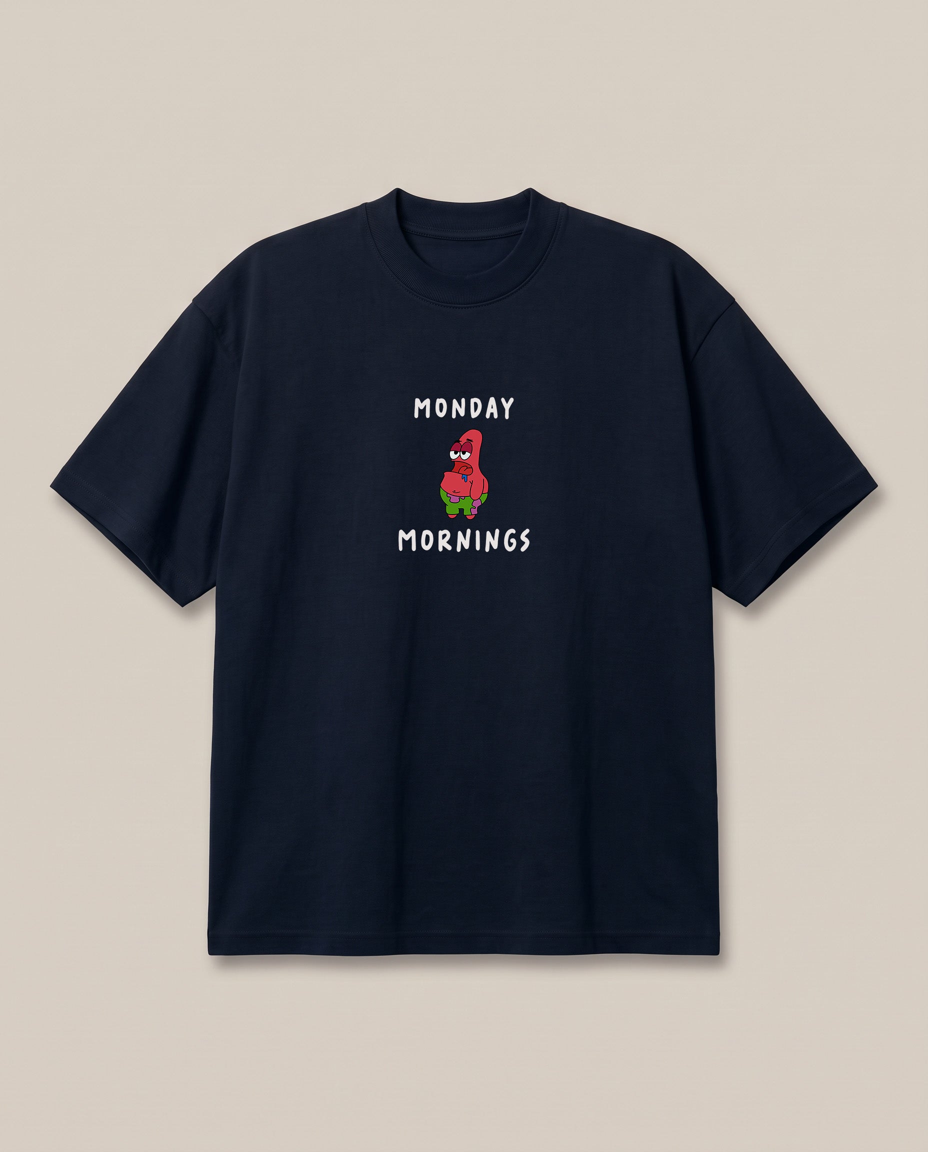 Monday Mornings Navy oversized t-shirt — patrcik from spongebob hates to wake up on monday, front print