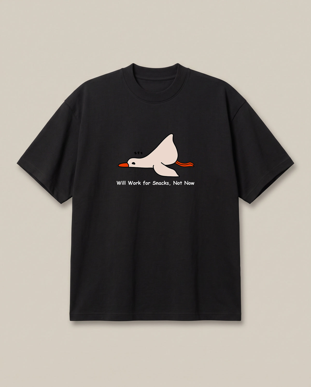 Nap Now, Work Never Black oversized t-shirt — lazy duck, front print