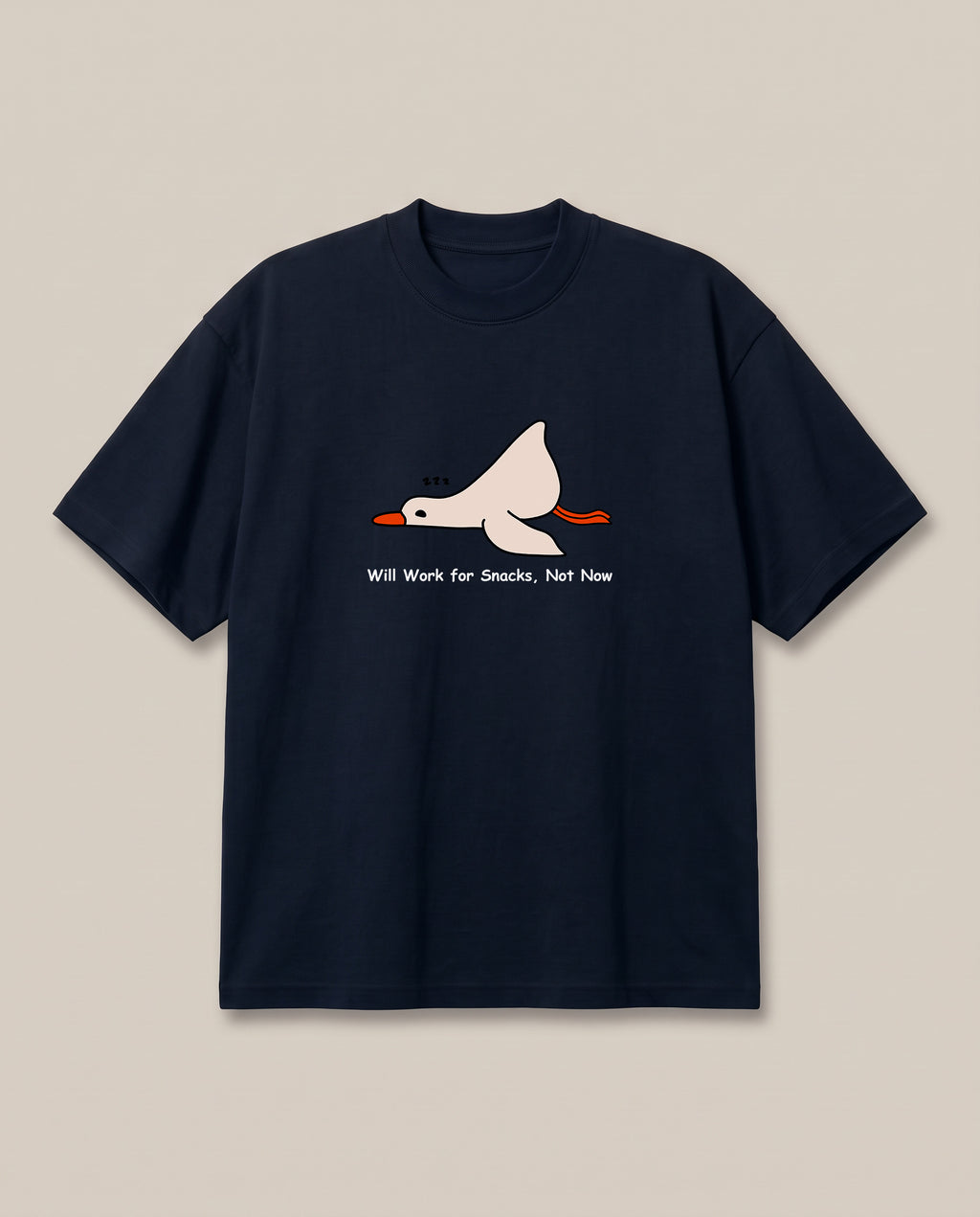 Nap Now, Work Never Navy oversized t-shirt — lazy duck, front print