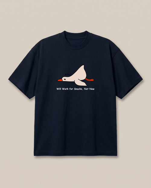 Nap Now, Work Never Navy oversized t-shirt — lazy duck, front print