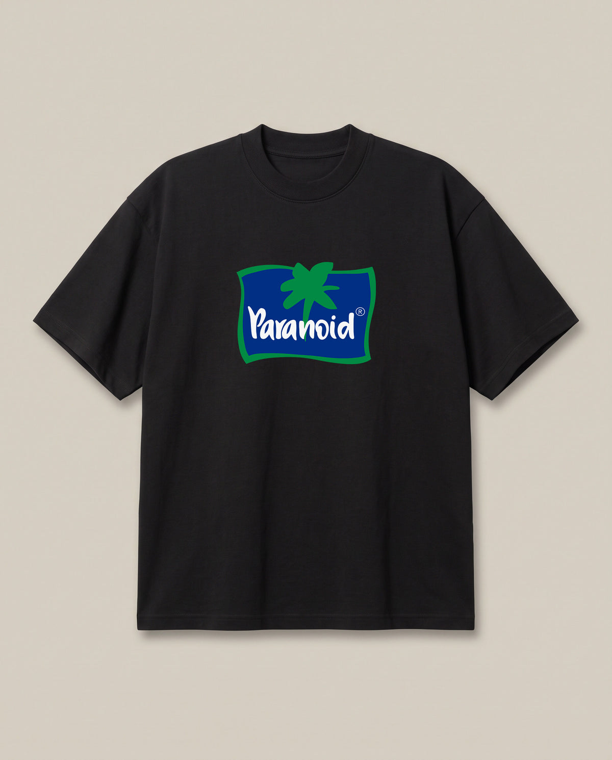 Paranoid Black oversized t-shirt — parchute logo parody, front print