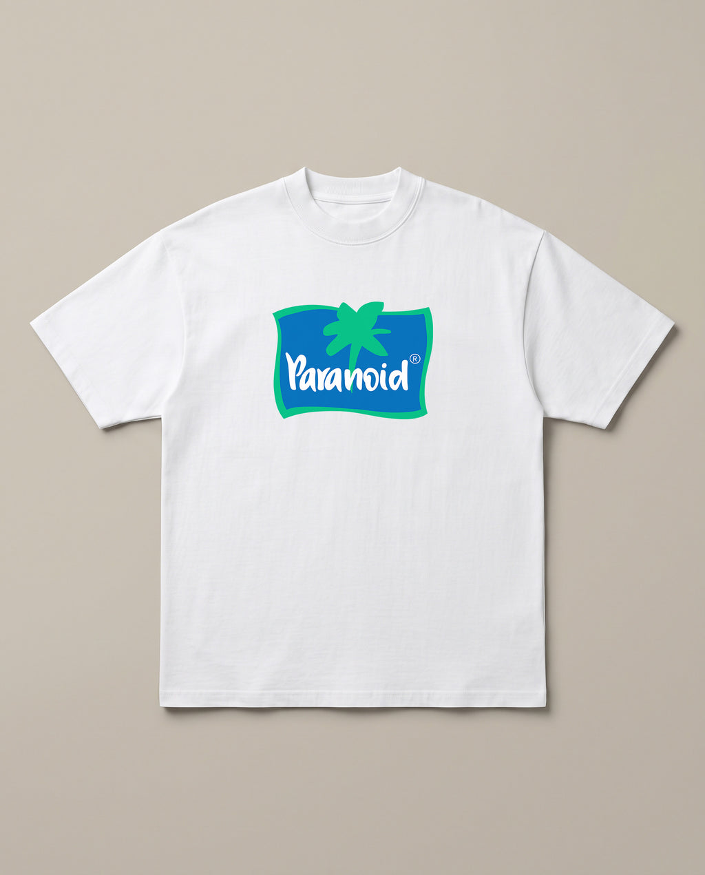 Paranoid White oversized t-shirt — parchute logo parody, front print