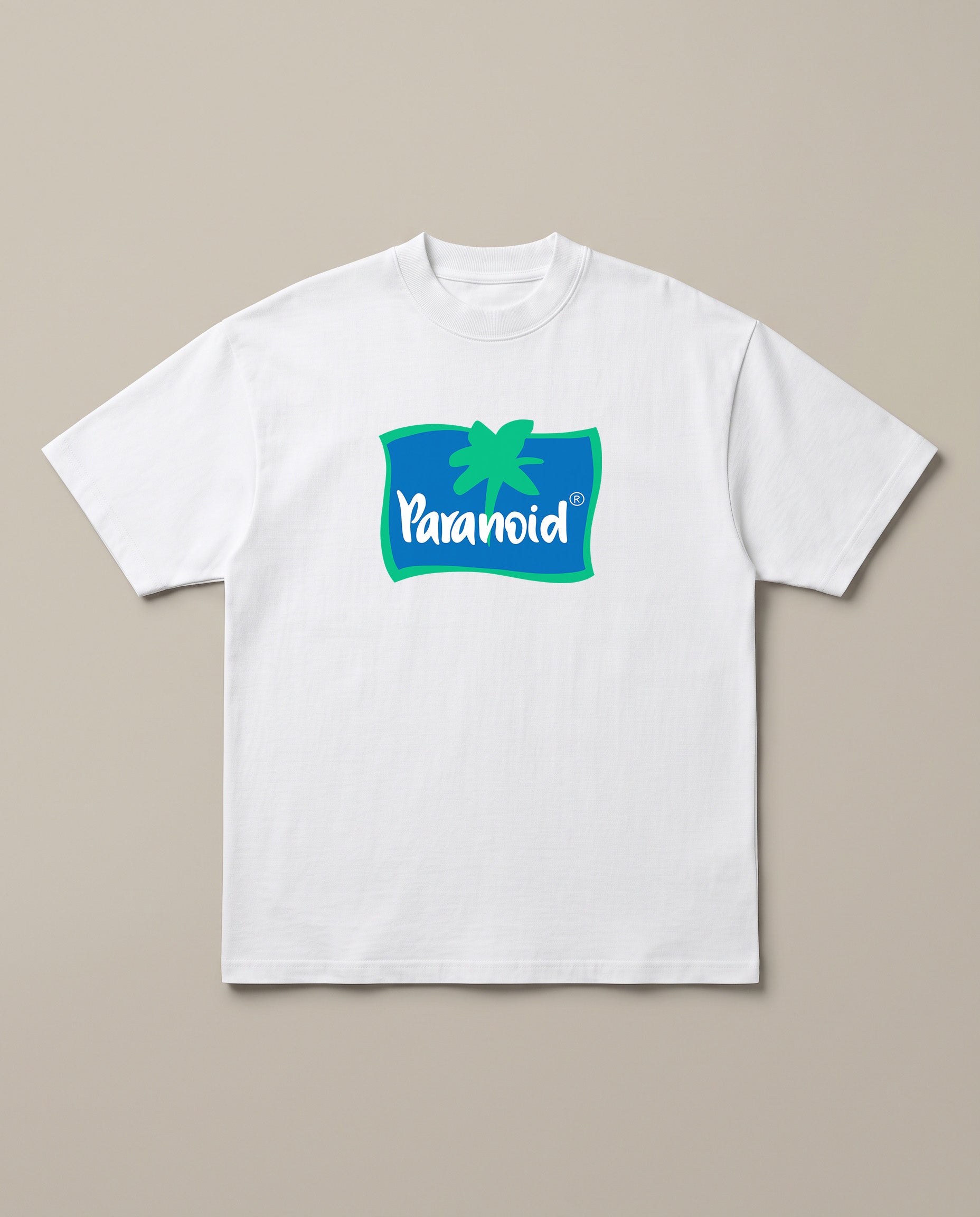 Paranoid White oversized t-shirt — parchute logo parody, front print