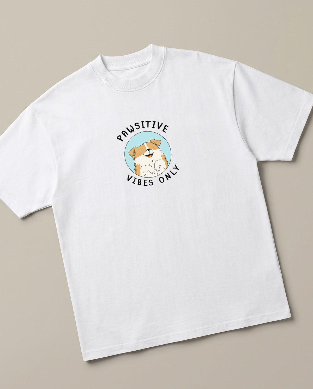 Pawsitive White oversized t-shirt — positive vibes only from the doggy, angled view