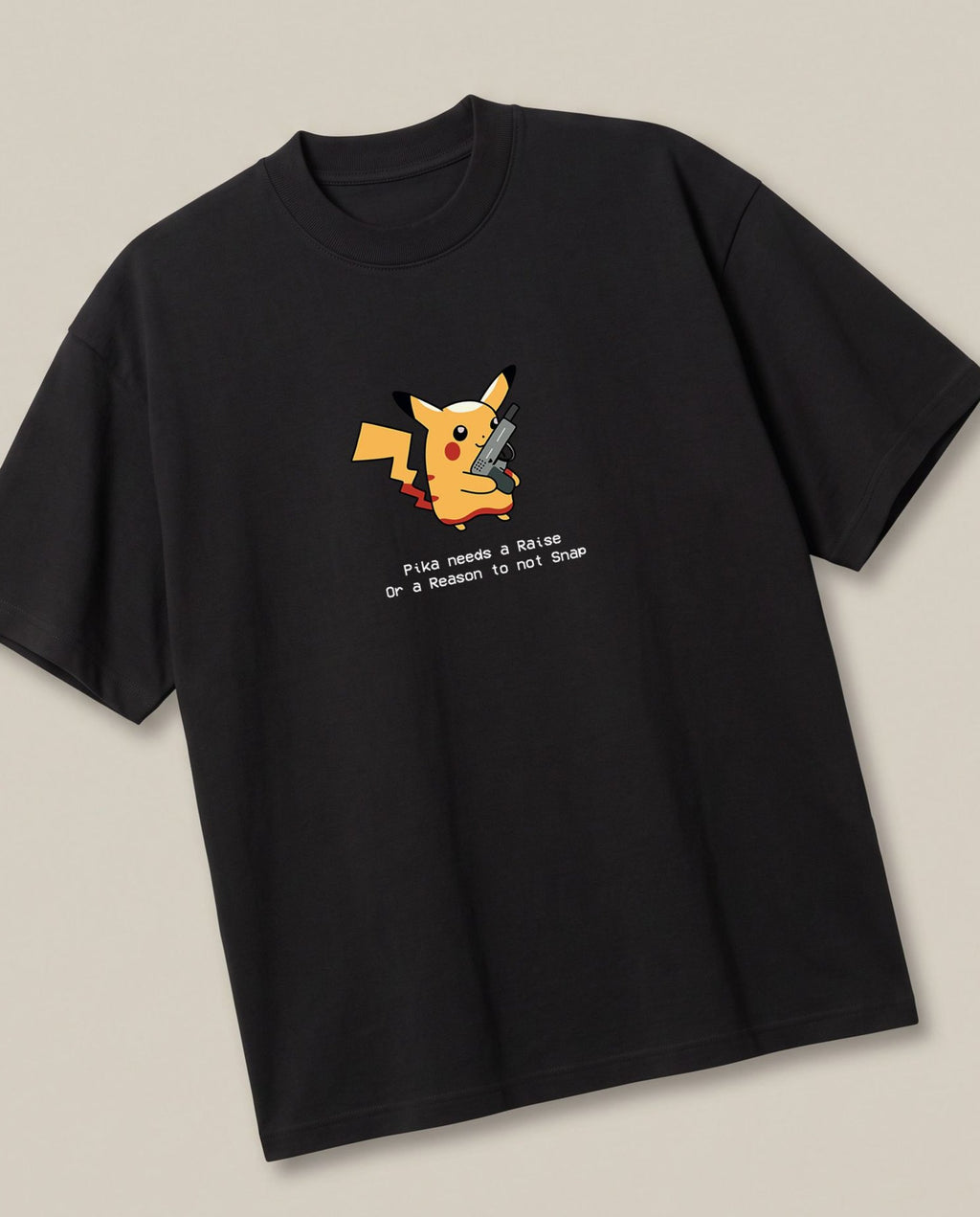 Pikachu Needs a Raise Black oversized t-shirt — pikachu pokemon needs a raise, angled view