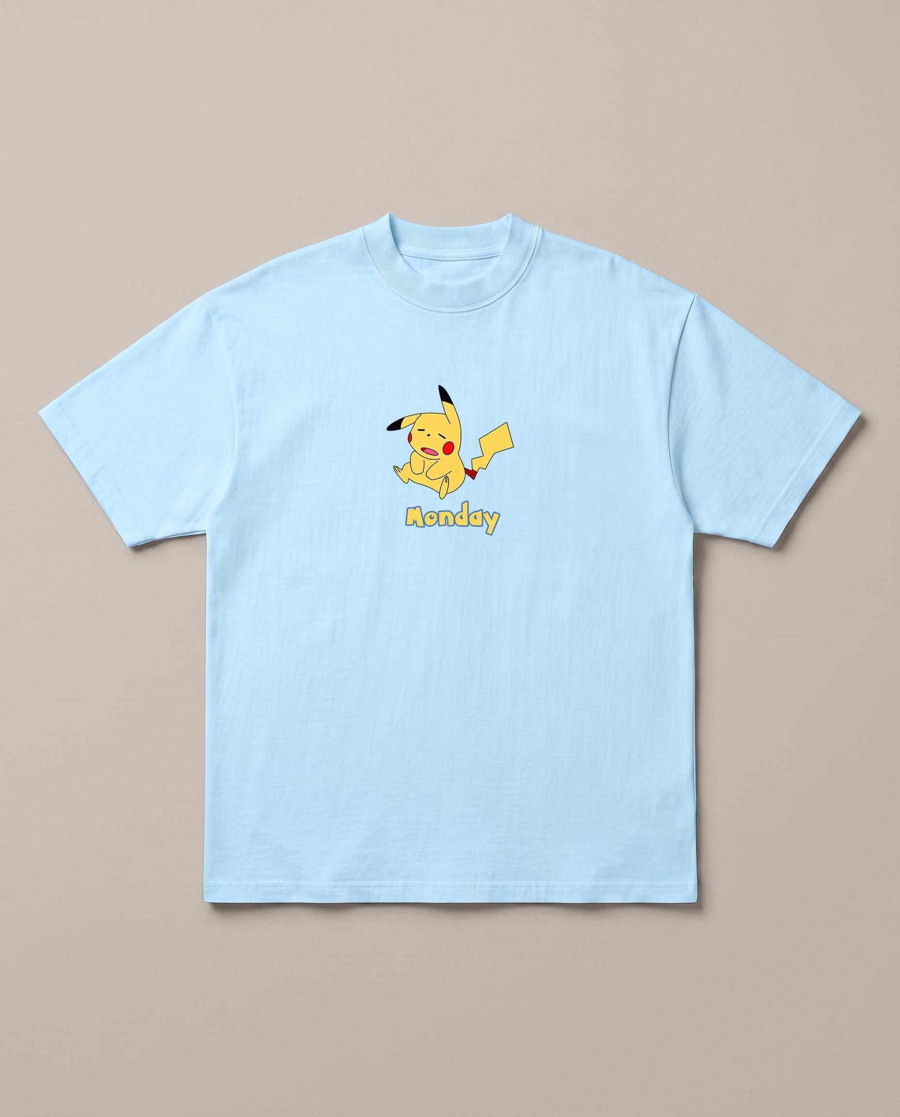 Poke Monday Baby Blue oversized t-shirt — pickachu is tired of monday, front print