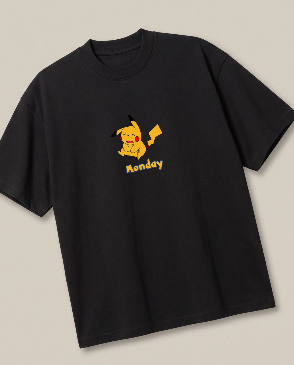 Poke Monday Black oversized t-shirt — pickachu is tired of monday, angled view