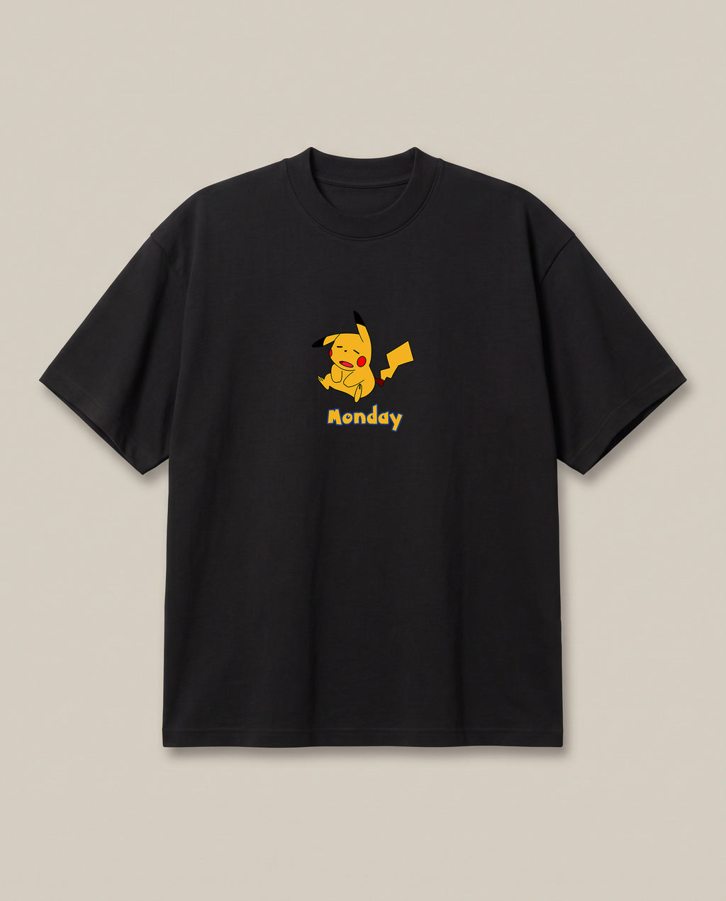 Poke Monday Black oversized t-shirt — pickachu is tired of monday, front print