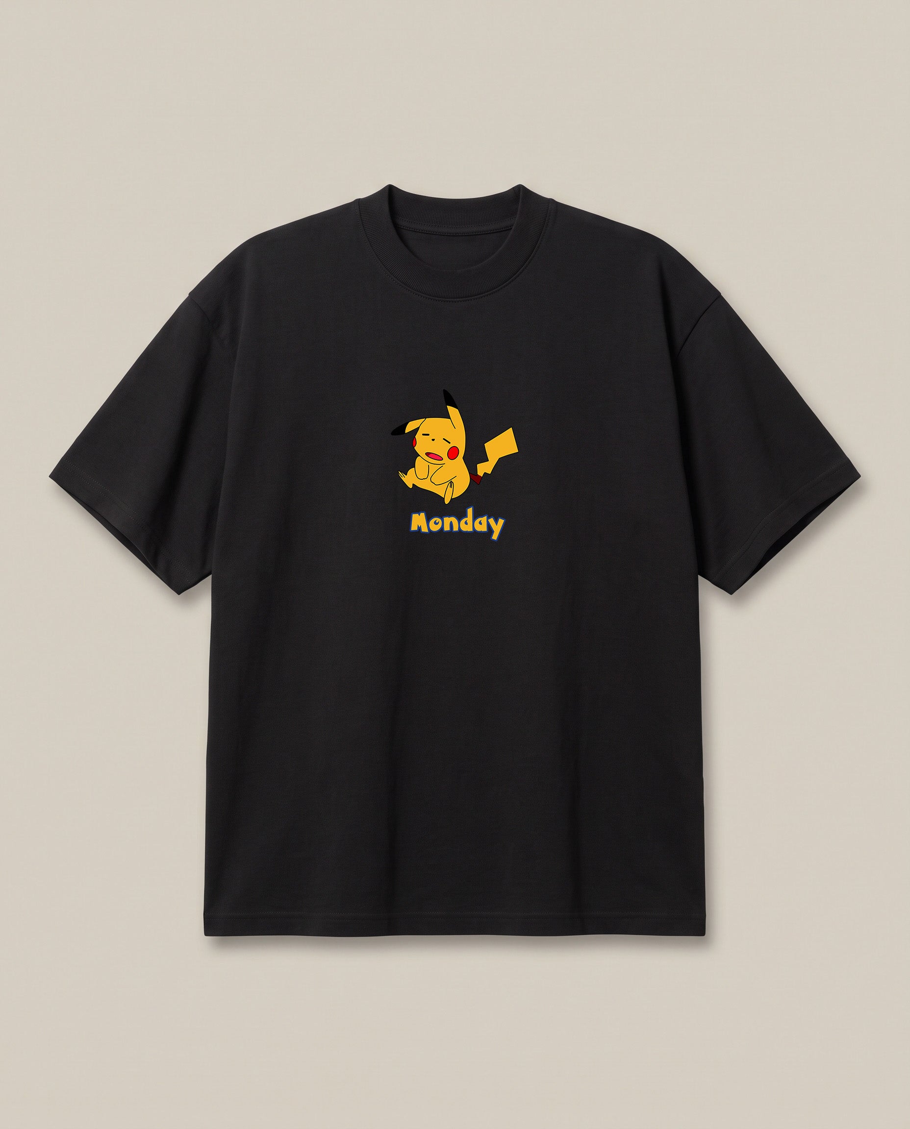 Poke Monday Black oversized t-shirt — pickachu is tired of monday, front print