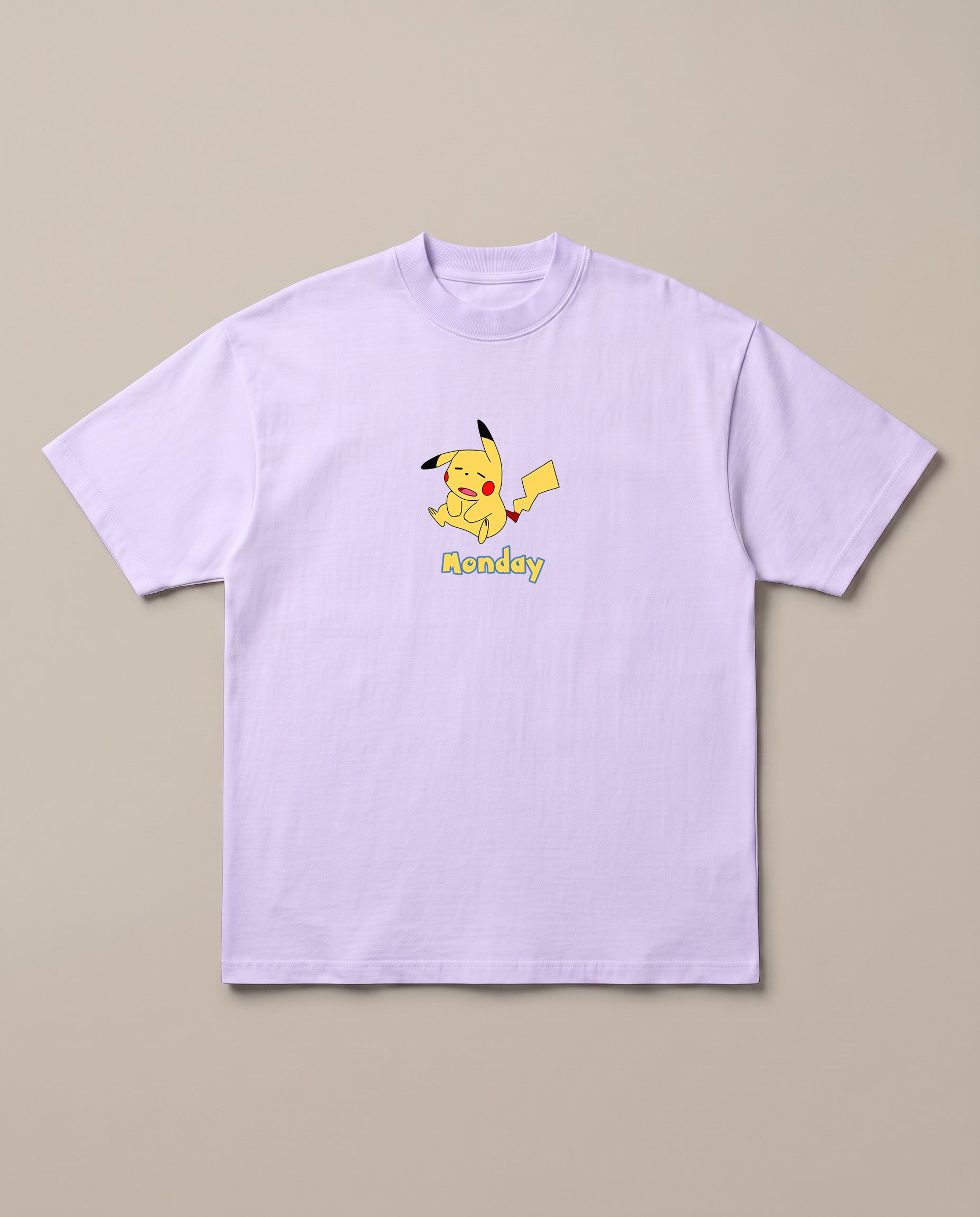Poke Monday Lavender oversized t-shirt — pickachu is tired of monday, front print