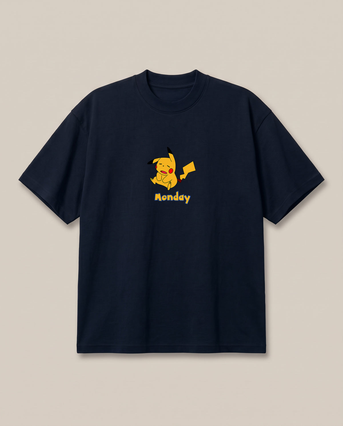 Poke Monday Navy oversized t-shirt — pickachu is tired of monday, front print